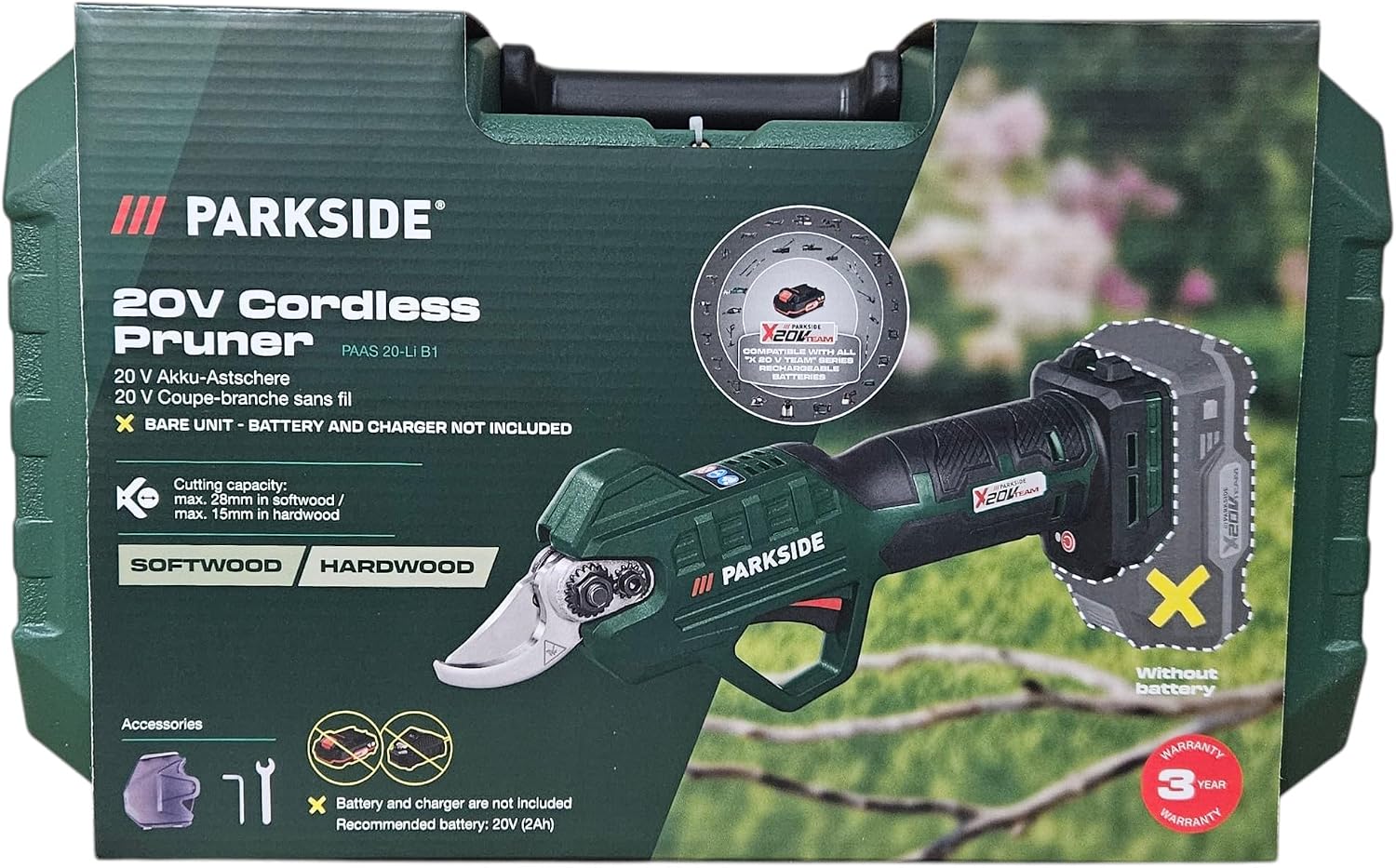 Parkside Pruning Shears PAAS 20-Li 20 V with Battery/Charger Compatible with All X20V Team Devices
