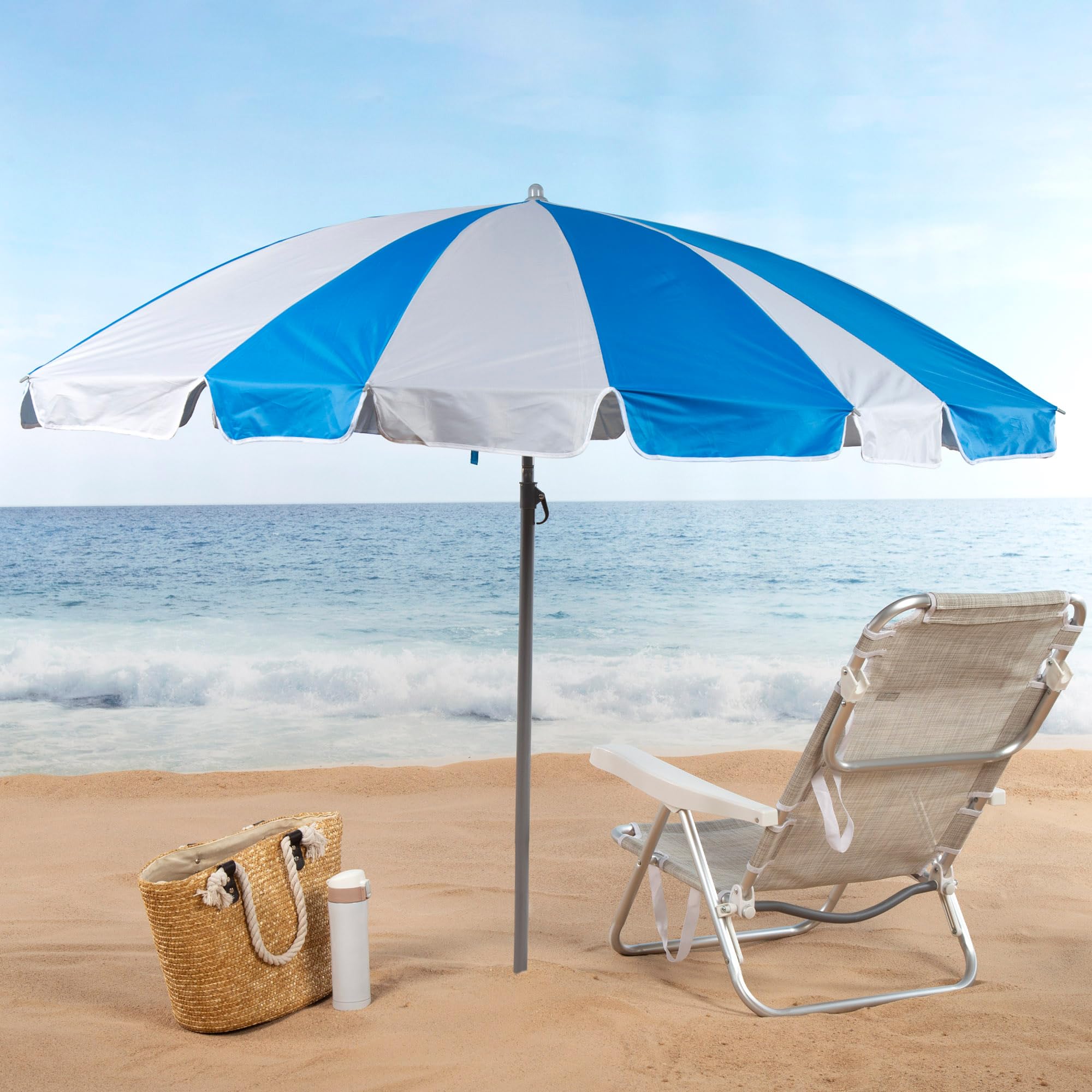 AKTIVE Parasol plażowy, 200 cm, niebiesko-białe paski, stalowy maszt, nachylona i regulowana wysokość, tkanina poliestrowa Oxford, ochrona UV50, pokrowiec do przenoszenia, duże parasole