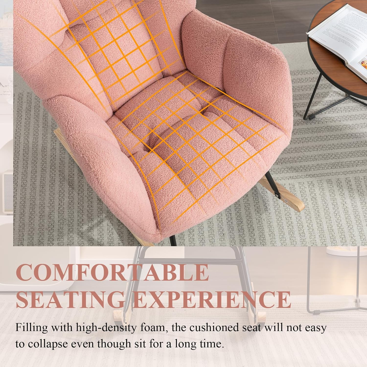 Nursery Rocking Chair, Teddy Upholstered Glider Rocker Chair with High Backrest, Leisure Glider Chair with Metal Legs, Accent Armchair, Reading Chair for Living Room (Pink)