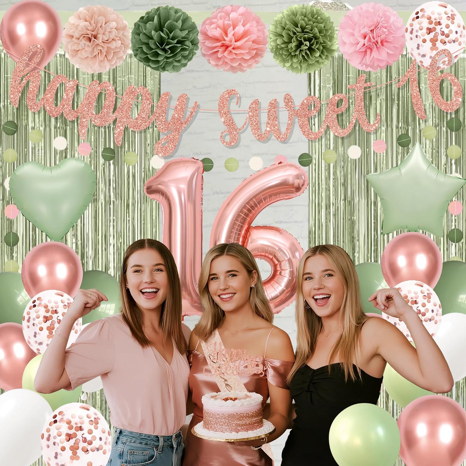 Holkcog Sweet 16 Party Decorations for Grils, Happy 16th Birthday Supply With 16th Birthday Banner 16 Balloon Number for Grils, Sage-Green Blush-Pink Party Decorations, Cheers To 16 Girls Gifts - Image 3