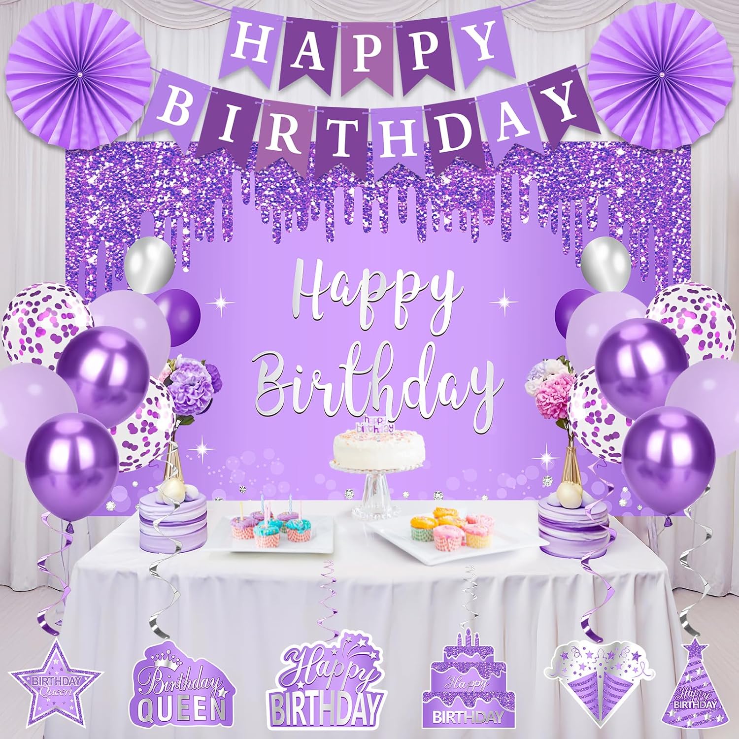 Purple Birthday Decorations for Women Girls, 30pcs Birthday Queen Crown and Sash, Purple Banner Balloons Backdrop Hanging Swirls Paper Fans Bday Party Decorations Kit Gifts for Her