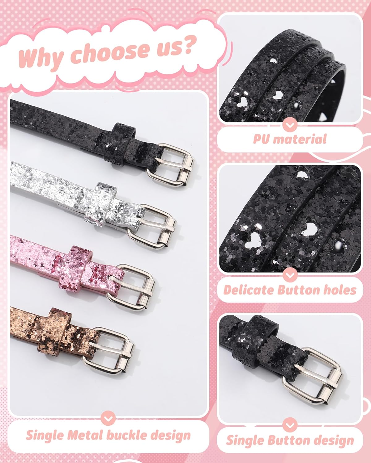 Kajeer Kids Belt for Girls,4 Pcs Durable PU Leather Belt Metal Buckle Heart Circle Hole Youth Toddler Belt for Uniform Casual - Image 3