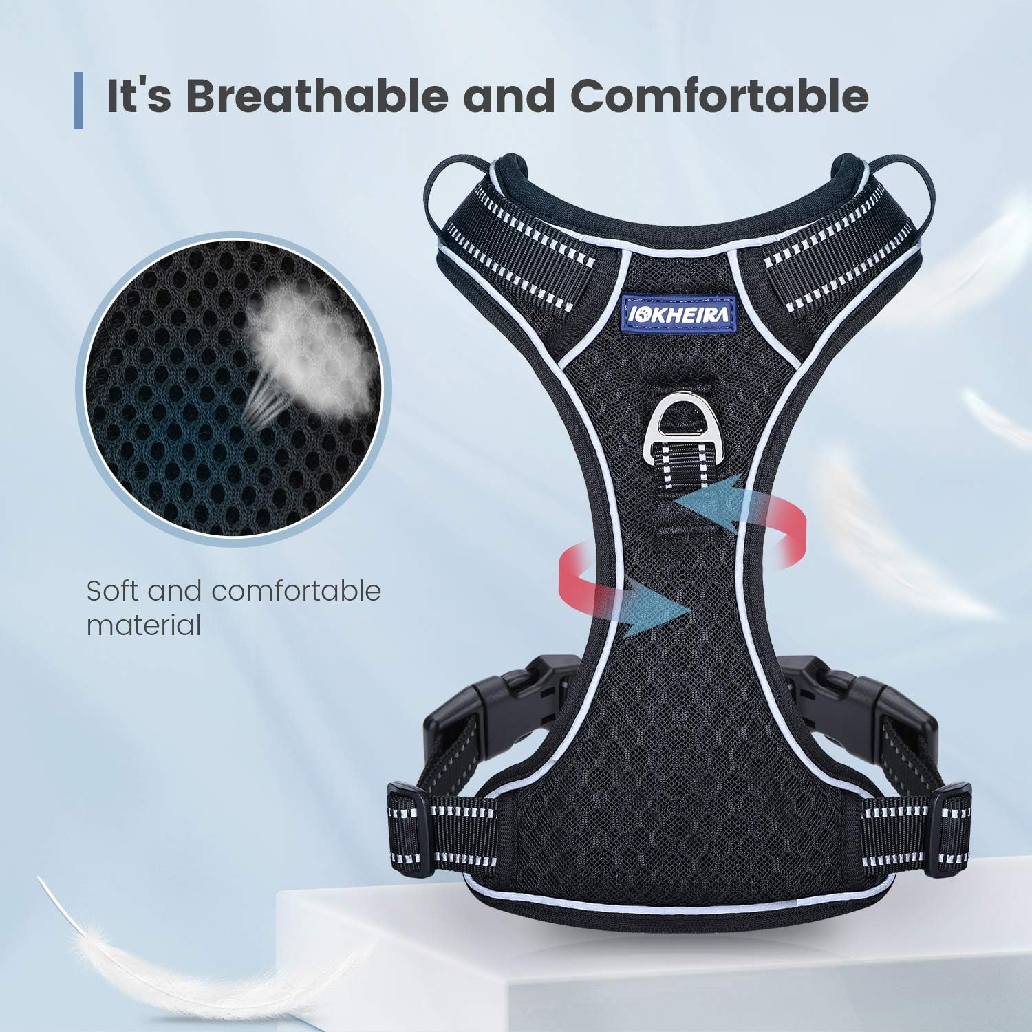 IOKHEIRA Dog Harness, Dog Harness for Medium Dogs No Pull, Adjustable Soft Padded Dog Vest with 3 Leash Clips, Reflective No-Choke Safety Harness with Easy Control Handle for Large Dogs Black
