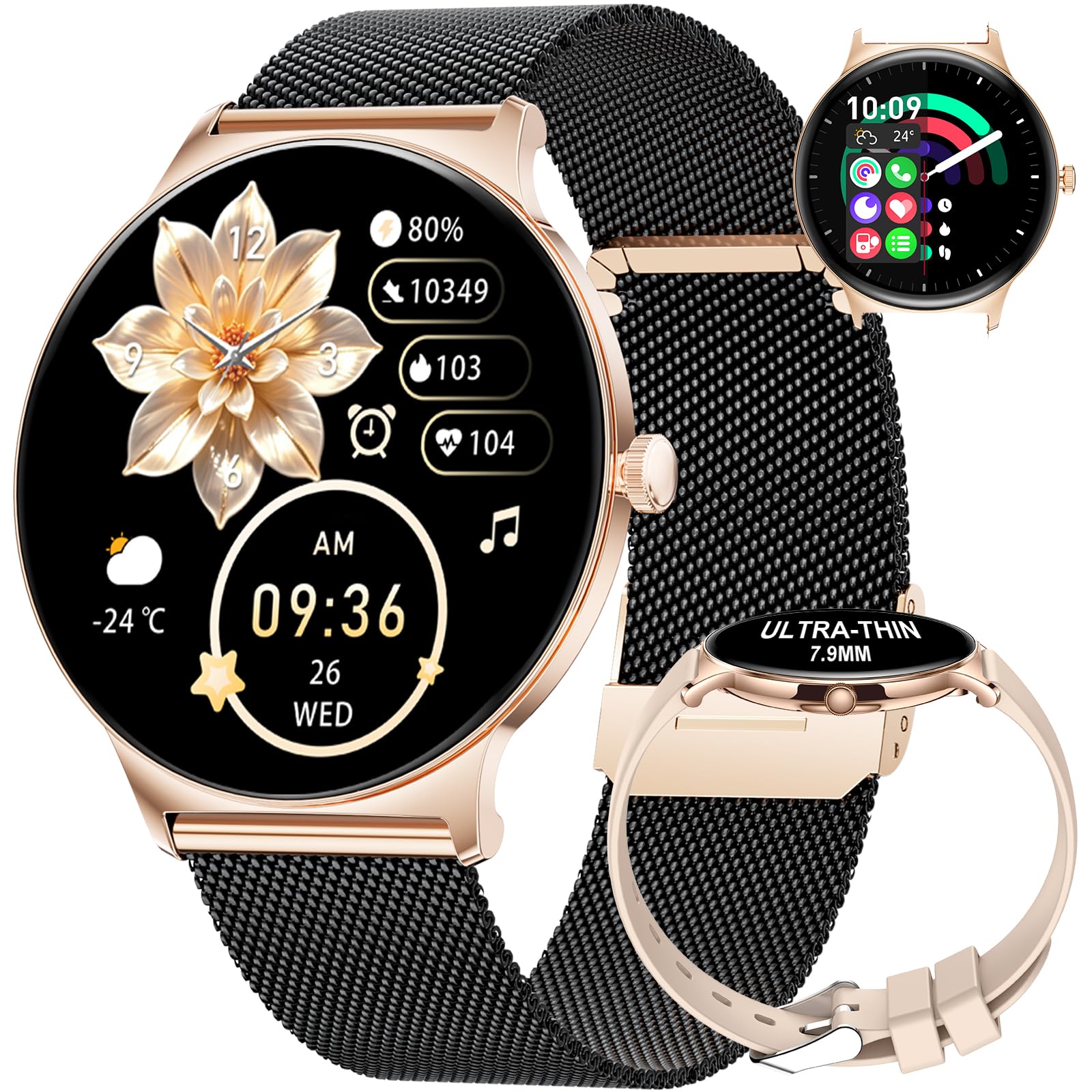 Smartwatch Donna, 1,43" AMOLED Ultra-sottile 7,9 mm Orologio Fitness 2 Cinturini,Chiamata Bluetooth,100+ Modalità Sportive,24H Cardiofrequenzimetro,Monitoraggio Sonno,IP68 Impermeabile,Con Android iOS