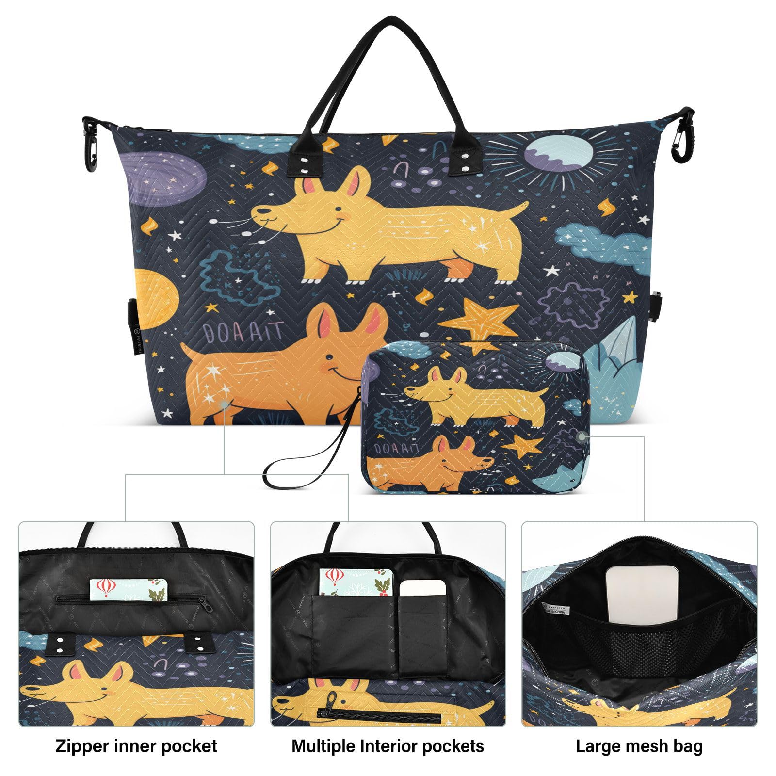 Cute Doodle Animals Sports Swim Gym Bag Weekender Duffel Travel Bags Handbag with Makeup Storage Bag for Girls Men