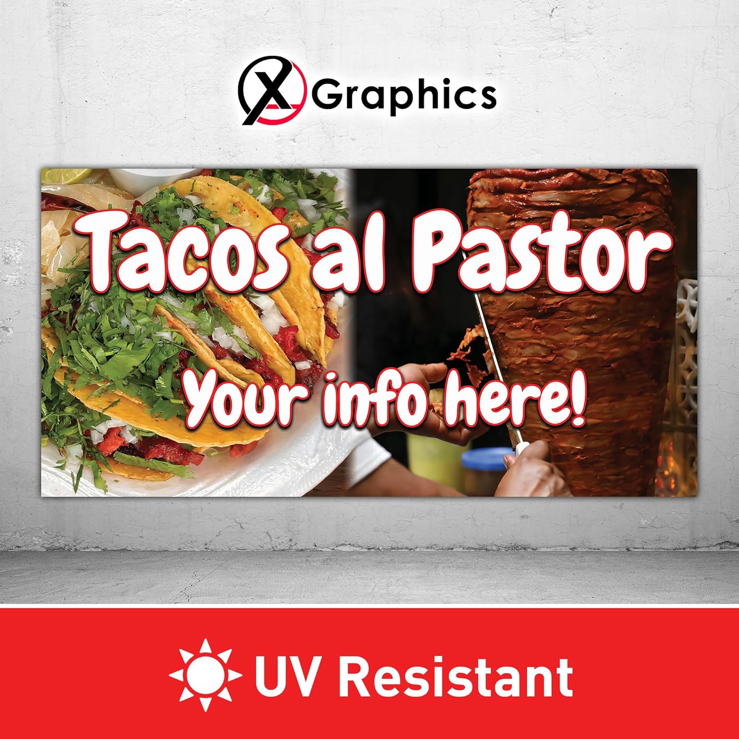 Tacos al Pastor Banner 13 oz heavy duty vinyl banner sign with metal grommets, advertising, flag, many sizes, custom banner, custom phone, Tacos al Pastor Lona, Tacos de Trompo