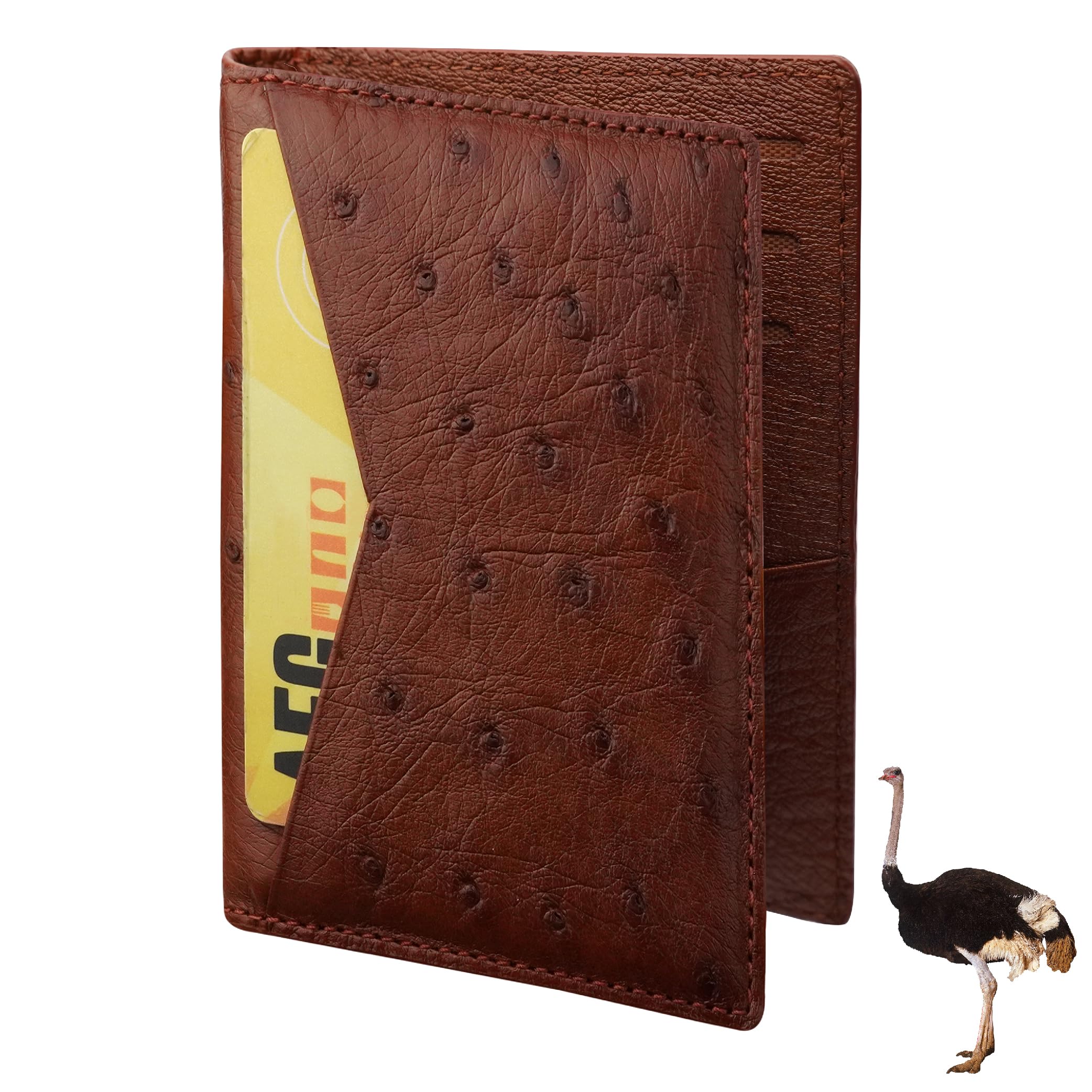 Light Brown Ostrich Credit Card Holder Minimalist Bifold Wallet Double Side Exotic Leather Slim Executive Business Luxury RFID Blocking Travel ID Case