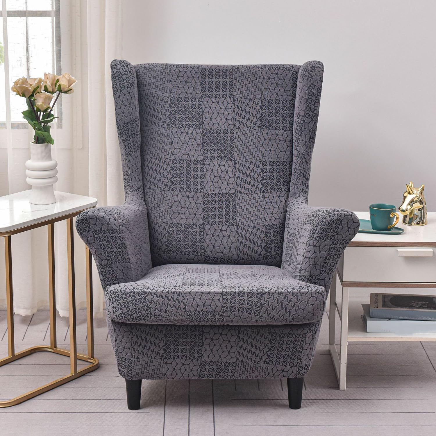 Wingback Chair Covers 2 Piece Set Stretch Wing Chair Cushion Cover Sofa Slipcover Removable Wing Back Armchair Slipcovers Furniture Protector for Living Room Hotel,Greyb,2pcs