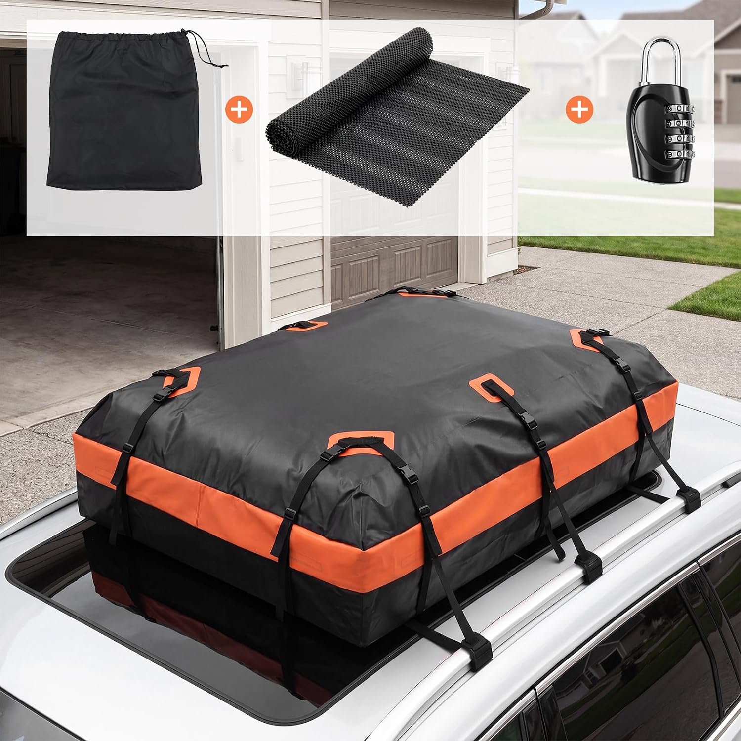 Car Rooftop Cargo Carrier Bag, 20 Cubic Feet Heavy Duty Waterproof Bag for All Vehicles with/Without Rack, Includes Anti-Slip Mat, Reinforced Straps, Door Hooks, Storage & Luggage Lock