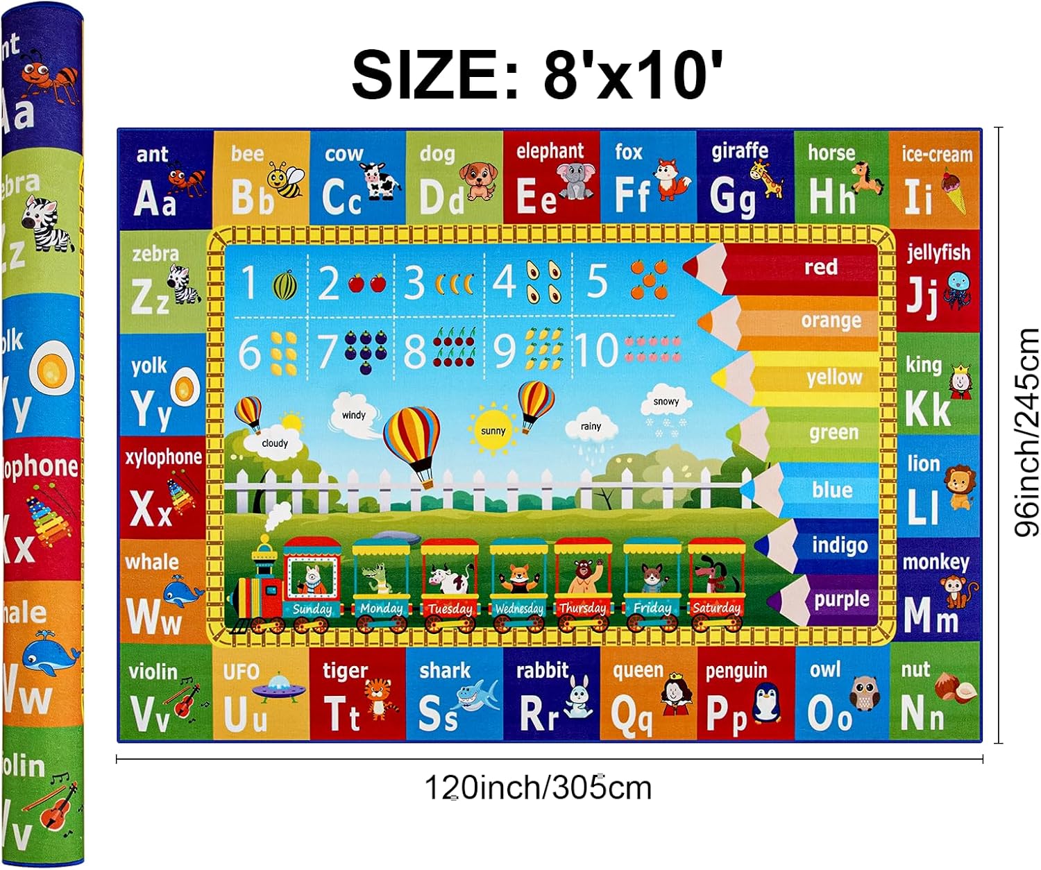 ABC Rug for Playroom Classroom Bedroom,8x10 Kids Educational Area Rug for Learning Alphabet,Numbers,Colors,Season and Animal Words,Non Slip Washable Play Mat Carpet for Nursery Toddler Decor