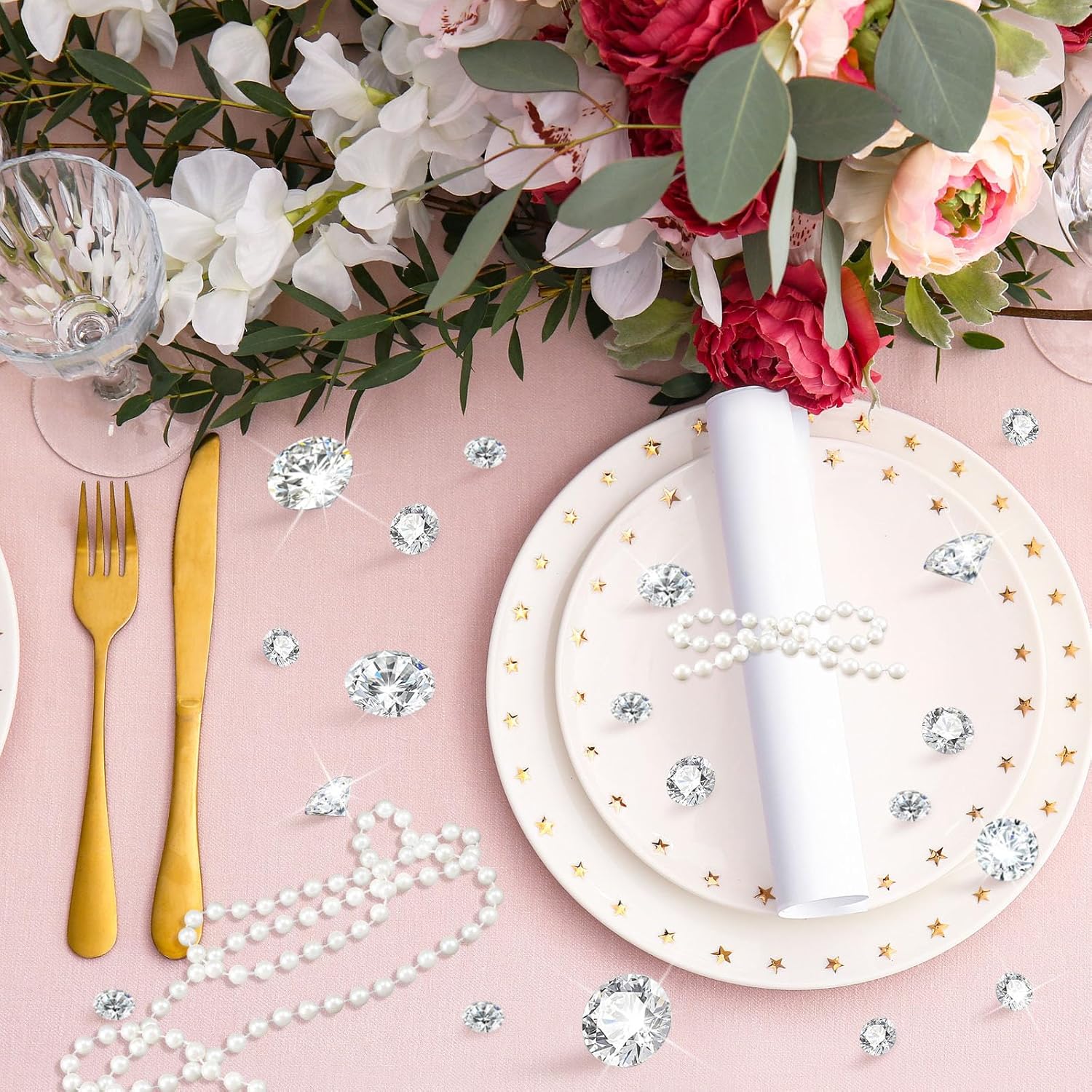 Suncalla 801 Pcs Crystal Rhinestone with Pearl Chain Trim Vase Fillers Multi Size Fake Diamond Acrylic Gems Crystal for Table Decoration Jewelry Clothe DIY Crafts Wedding Party Decor