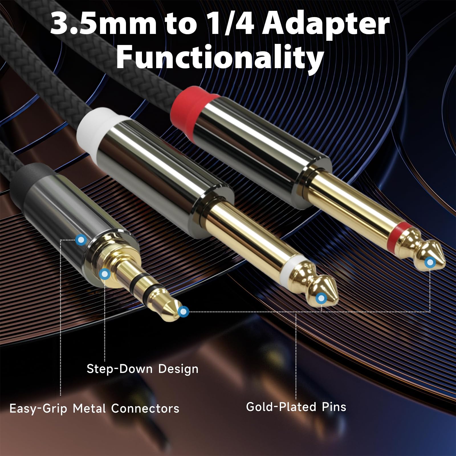Cyberguys! Câble audio stéréo 3,5 mm vers double 1/4, TRS 1/8 vers double 1/4 TS, câble adaptateur tressé doré, câbles stéréo de 3,5 mm pour mixeur, moniteur de studio, amplificateur, haut-parleur