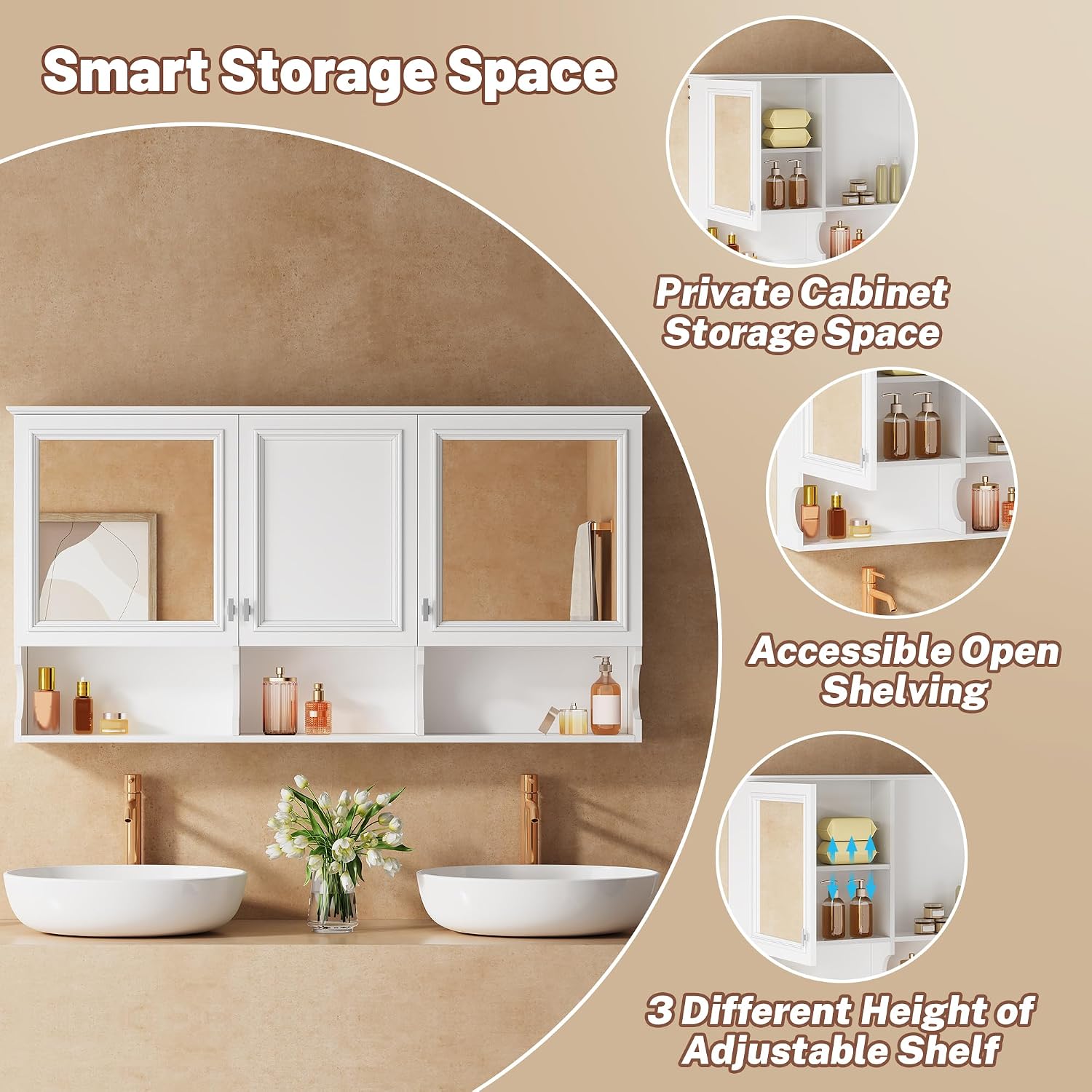 55" Solid Frame Bathroom Cabinets, Modern Organizer with Open Shelves, Versatile Storage Cabinet with HD Mirror for Over Toilet, White
