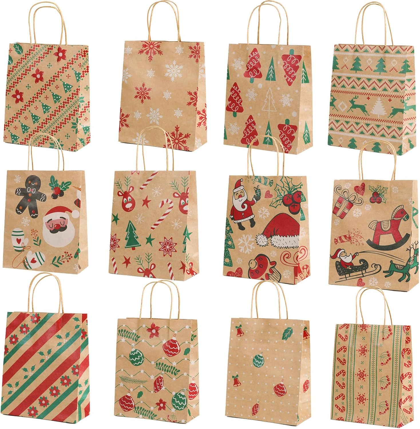 12 Christmas Kraft Gift Bags for Holiday Paper Gift Bags, Christmas