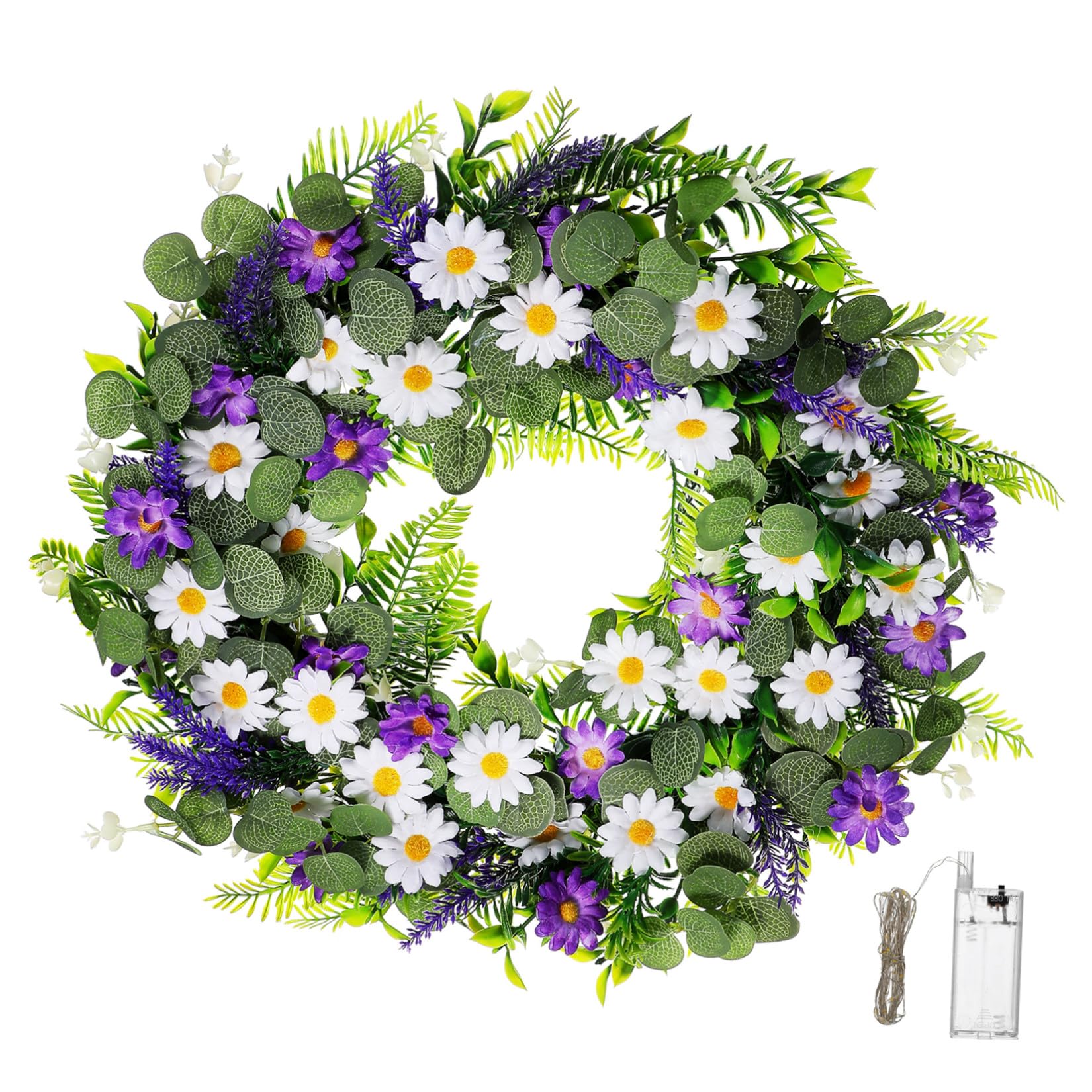 Zerodeko Sommerlicher Türkranz mit Künstlichem Lavendel und LED Beleuchtung aus Kunststoff Langlebig und Einfach zu Hängen für Haustürdekoration bei Hochzeiten und Frühling