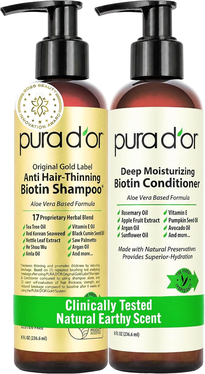 PURA D'OR Anti-Thinning Biotin Shampoo & Hair Regrowth Conditioner, CLINICALLY TESTED Effective Results, Thickening Herbal Blend For Women & Men, Original Gold Label Set, Natural Earthy Scent, 8oz x2