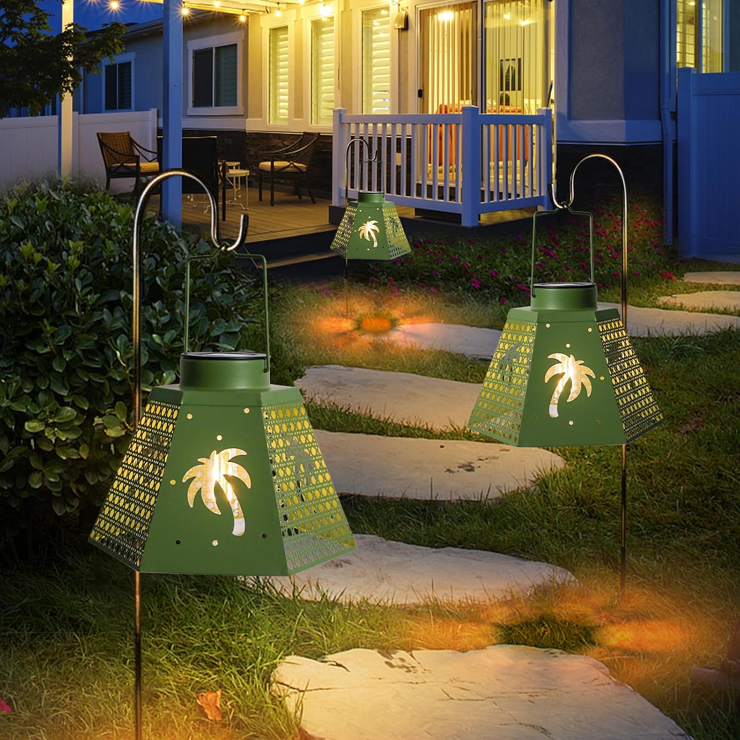 Solar Lanterns Outdoor Waterproof 2 Pack Green Palm Tree Hanging Lights | Green palm tree cutouts, warm projection, auto on/off, garden patio porch yard pathway lawn tabletop and backyard decor