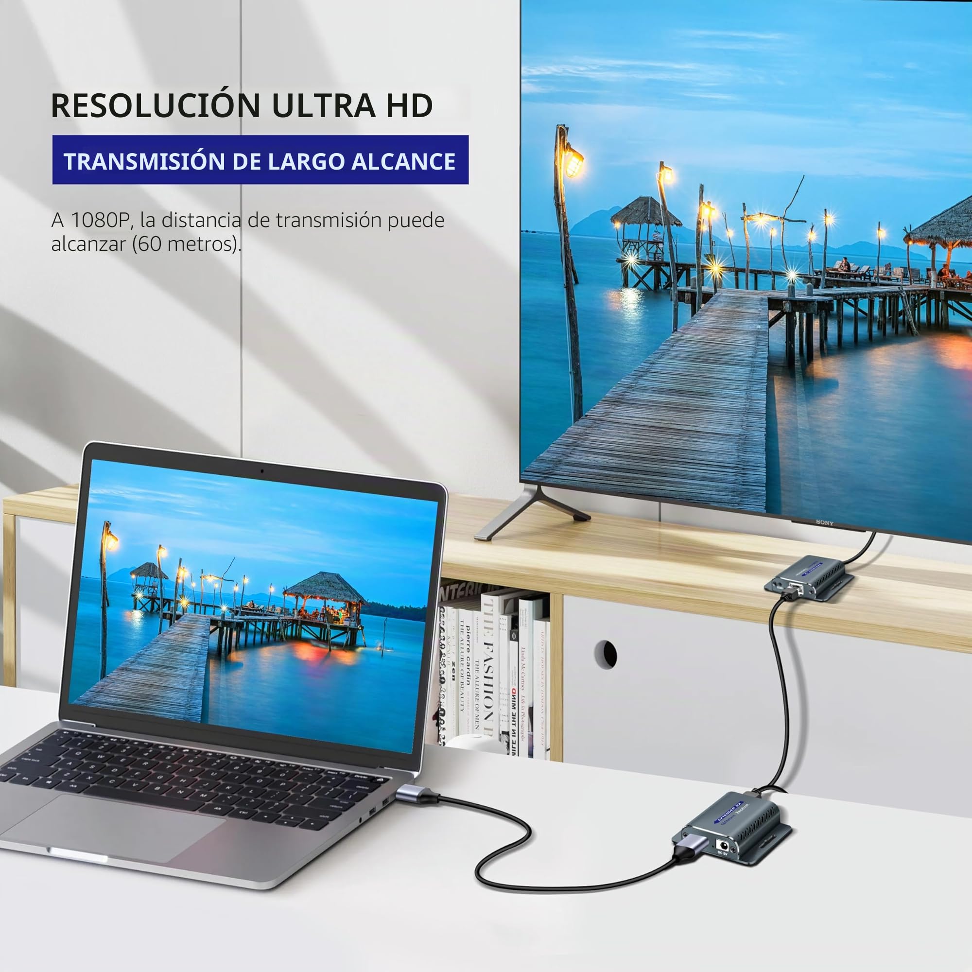 Extensor HDMI 60m/196ft con POC 1080P @60Hz 3D RJ45 a través de Cable UTP Cat5e/6/7/8 OFC con Adaptador de Alimentación de 5V
