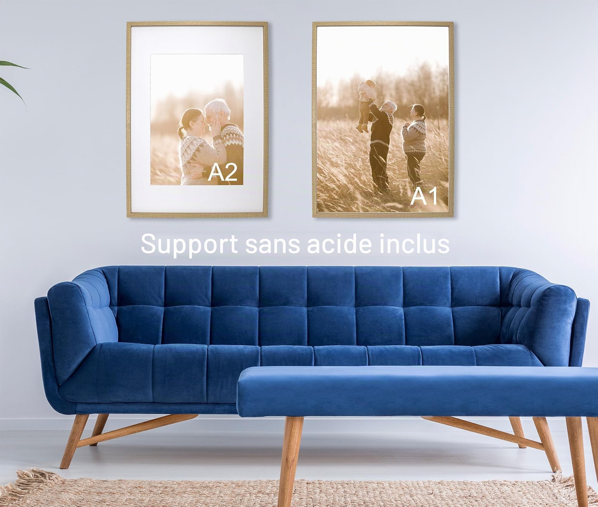 Lot de 3 cadres photo A1 (59,4 x 84,1 cm) avec passe-partout A2 (41 x 58,4 cm) sans acide, cadre effet bois avec passe-partout A2 pour accrocher au mur