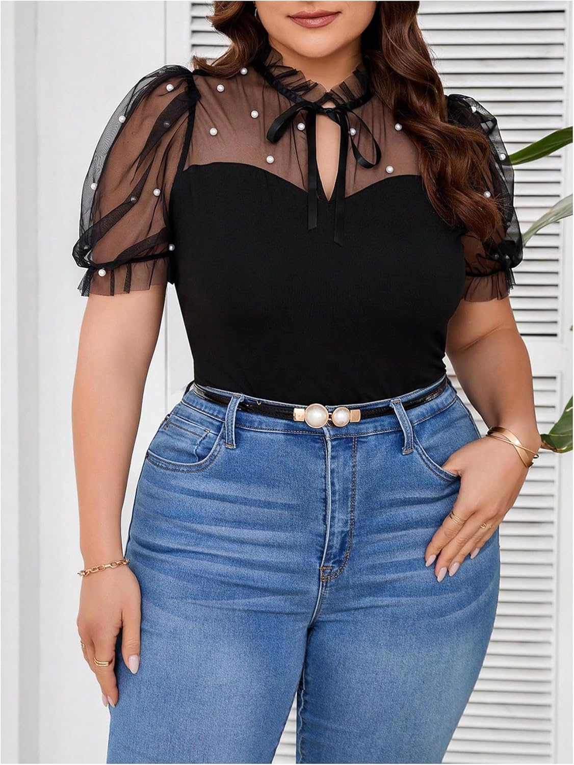 WDIRARA Women's Plus Size Mesh Patchwork Pearls Blouse Tie Neck Puff Short Sleeve Top - Image 6