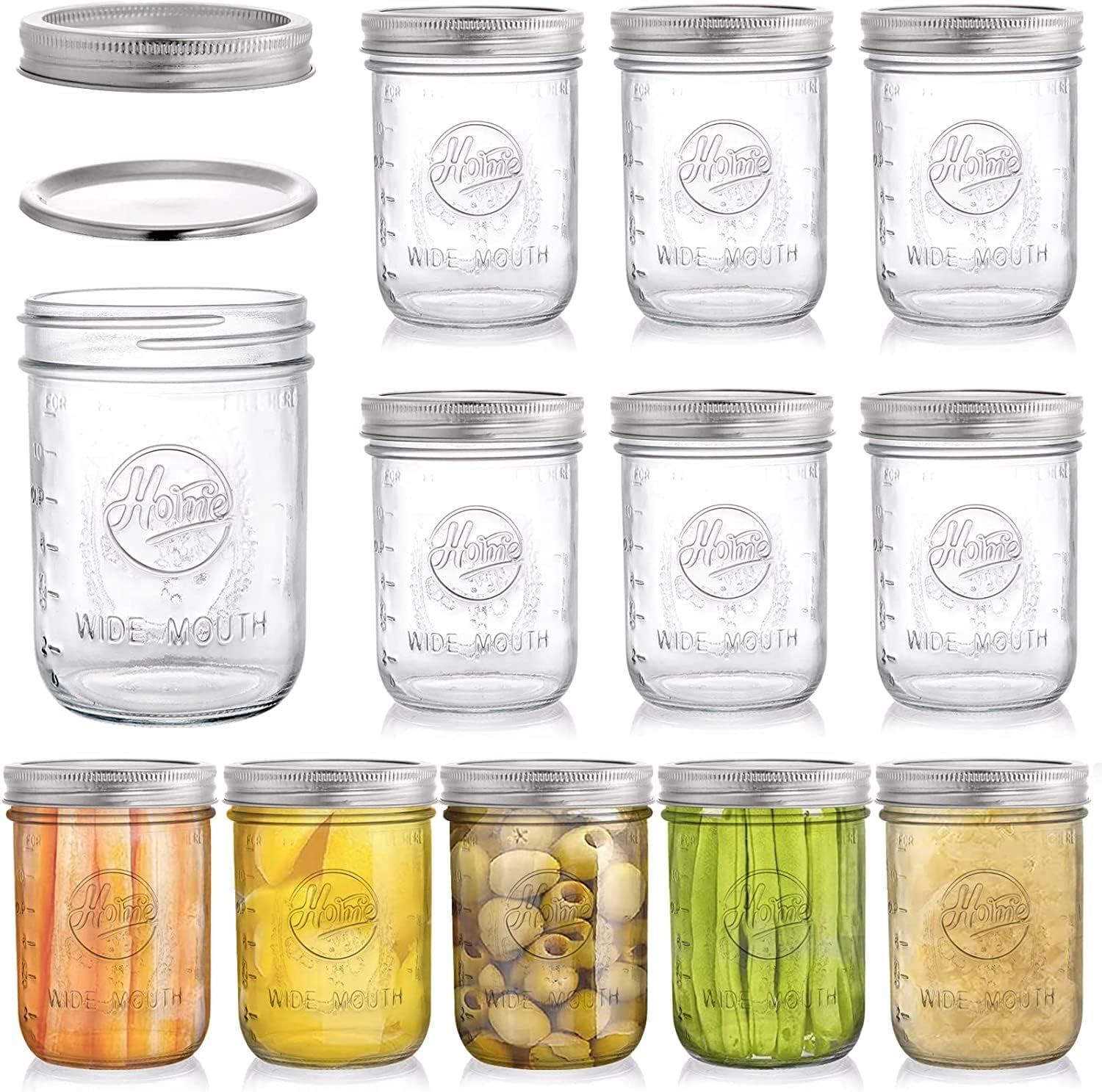 Tebery 12 Pack 16oz Mason Jars with Lids, 480ml Wide Mouth Canning Glass Jar for Overnight Oats, Salad Jars, Pickling Jars, Jam and Breakfast