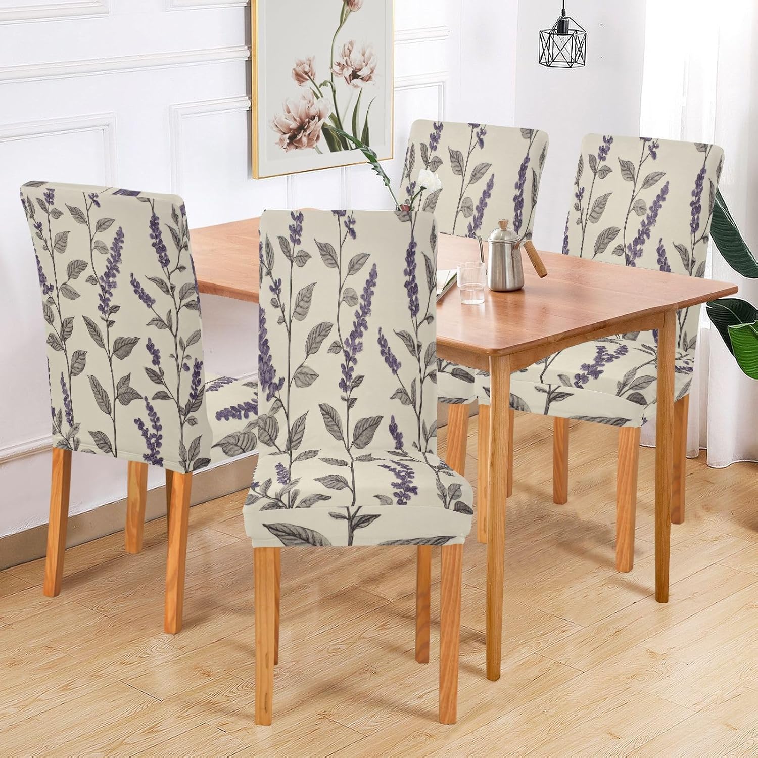ALAZA Chair Covers for Dining Room, Twigs and Leaves of Lavender Flowers Stretch Chair Cover Sets Chair Protector Removable Washable for Ktichen Restaurant Hotel