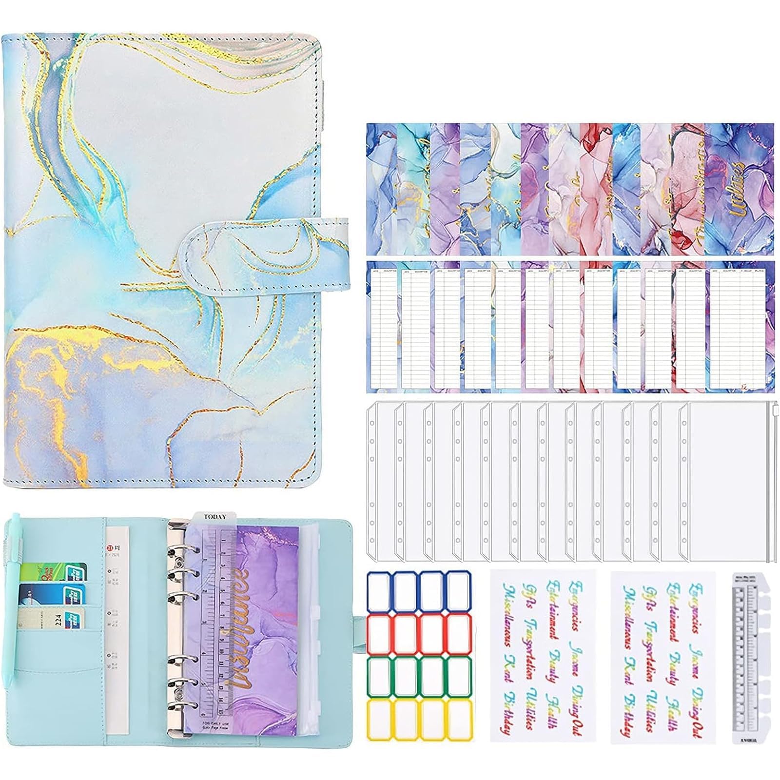 X spring Budget Binder with Zipper, A6 12 PCS Cash Envelopes for Budgeting, PU Leather Budget Binder Planner with 12 PCS Clear Zipper Envelopes, Budget Sheets for Budgeting, Saving Money (Blue)