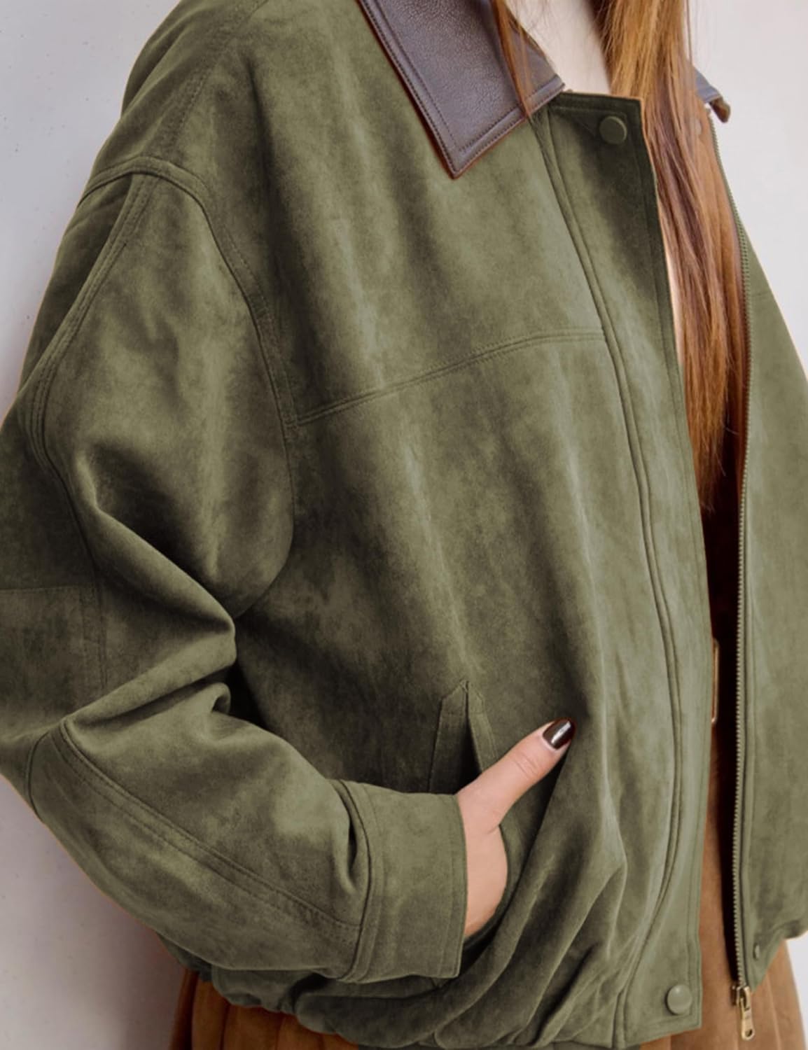 Tanming Womens Faux Suede Leather Jacket Oversized Motorcycle Zip Up Bomber Jacket Pilot Outerwear Coats - Image 3