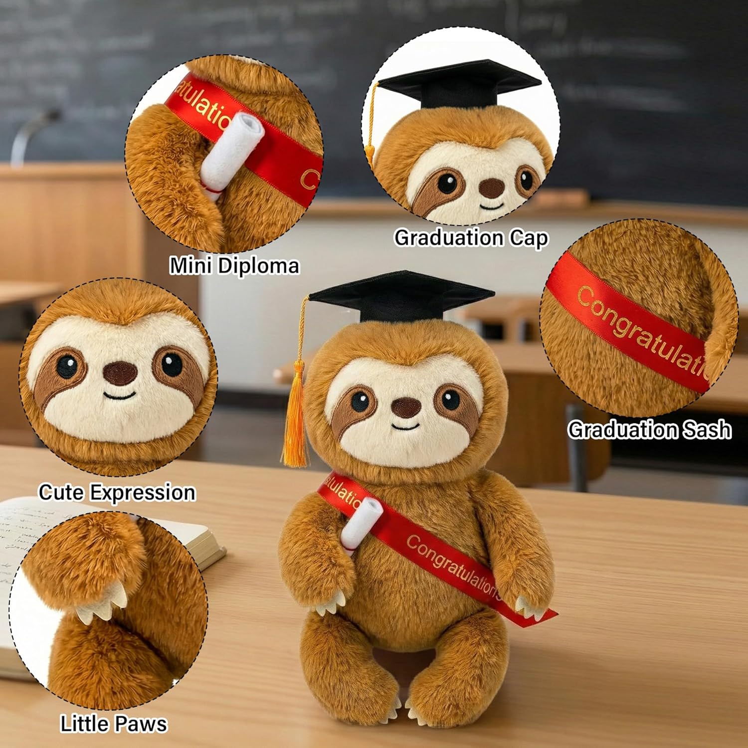 Graduation Plush Sloth Stuffed Animal - 13 Inch Sloth Graduation Plush with Grad Cap Congratulations Sash Kindergarten Middle High School 2026 Graduation Gift for Man Woman College Student Classmate