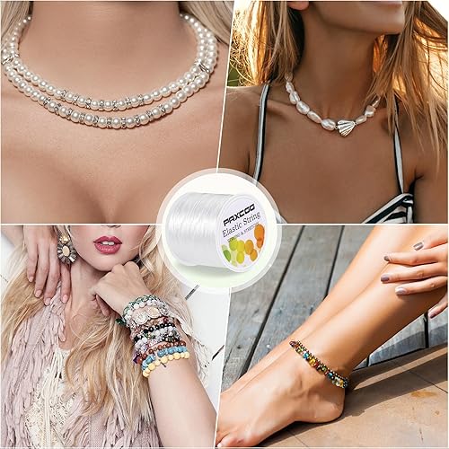 Miniatura 7 de PAXCOO 4 rollos de cuerda elástica para pulseras, cuerda elástica mágica para joyas, para pulseras, collares, cuentas de arcilla, cuentas de pony