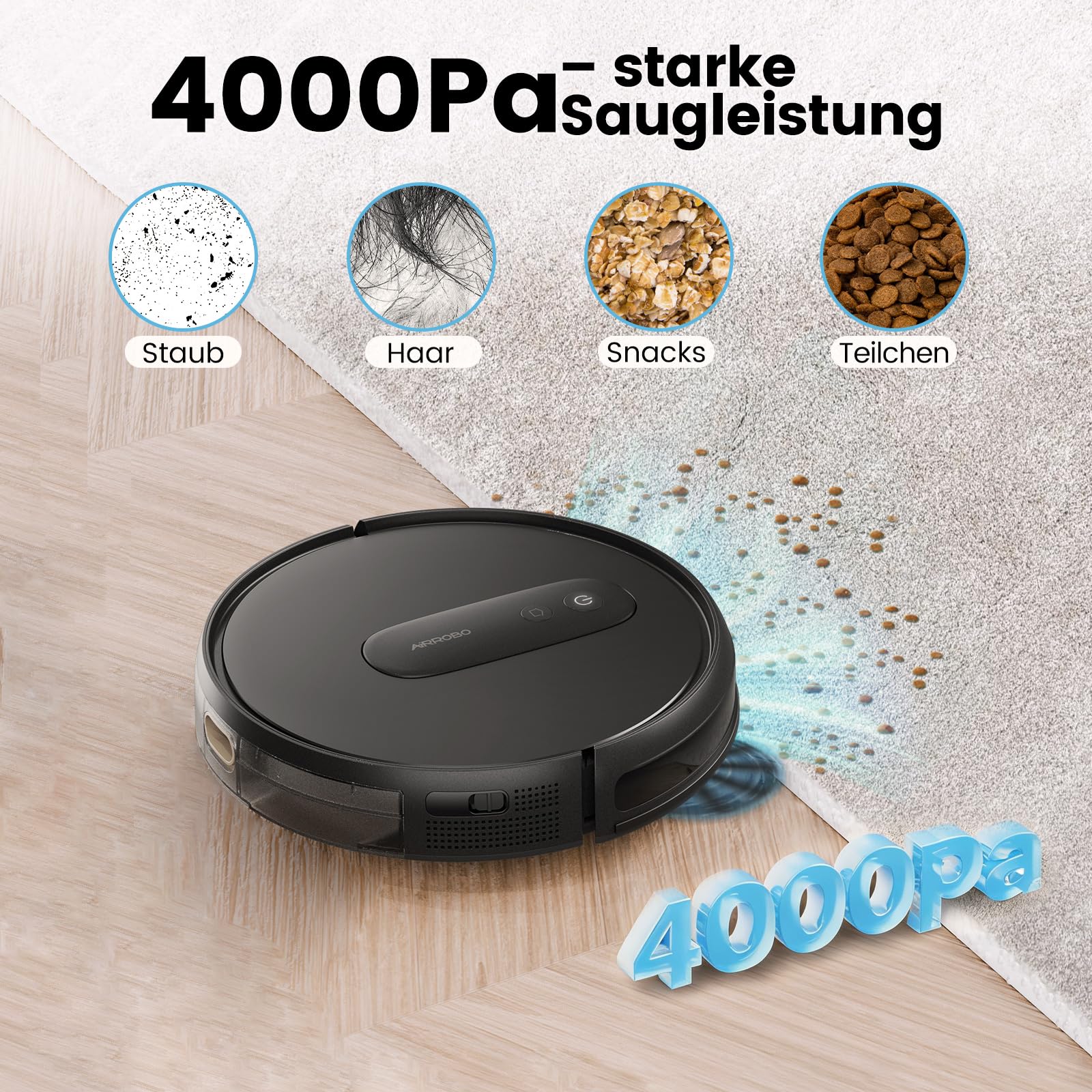FIXR P25 Saugroboter, Staubsauger Roboter mit 4000 Pa Saugkraft, Roboterstaubsauger mit Ladestation, Saugroboter ohne Wischfunktion für Teppich Tierhaare Hartböden, 120 Min Laufzeit, APP Steuerung