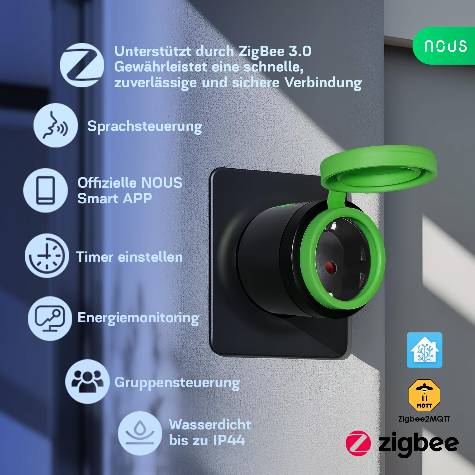 NOUS Zigbee Steckdose, Intelligente Außensteckdose IP44, Intelligente Steckdose mit Verbrauchsmessung, Kompatibel mit Alexa Zubehör, Smart Home Geräten, Google Home, Smart Life, 2MQTT, 16A