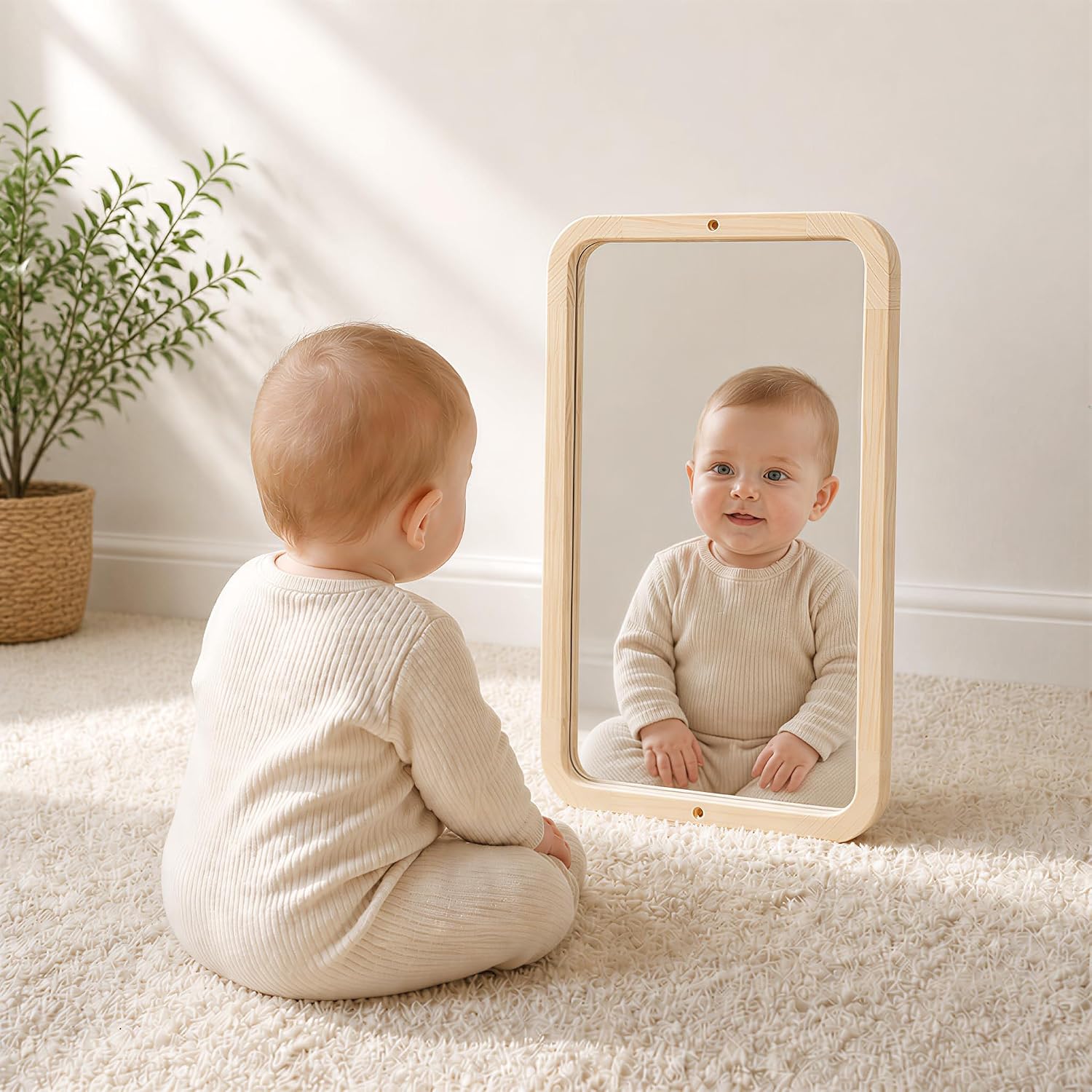 Woodtoe Montessori Mirror with Bar, Adjustable Tummy Time Floor Mirror, Baby Pull to Stand Toys, Natural Unpainted Solid Wood Frame, Baby Pull Up Bar, Developmental Toys for Nursery (Small Size)