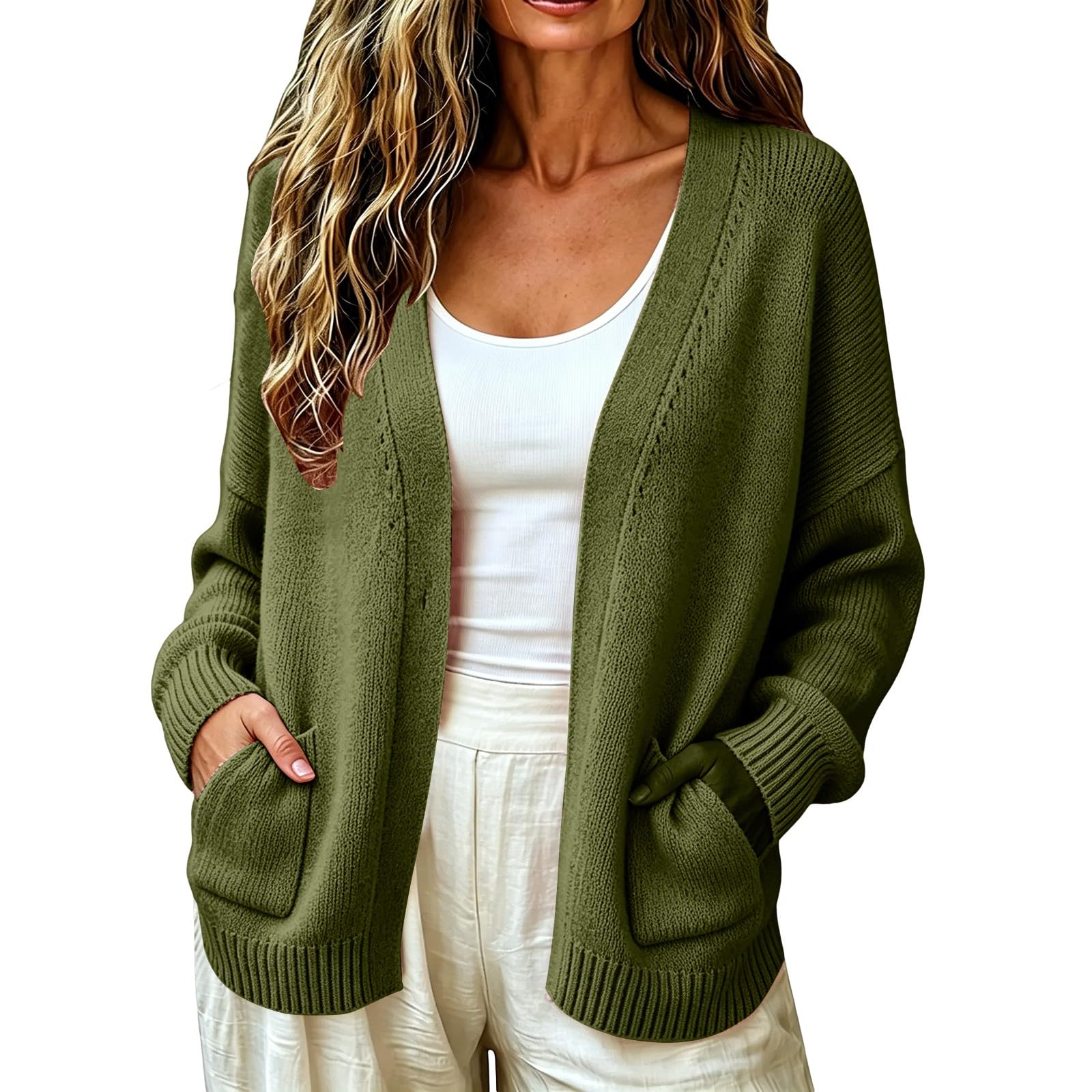 Longline Cardigan sciolto da donna aperto tasca frontale morbido maglione