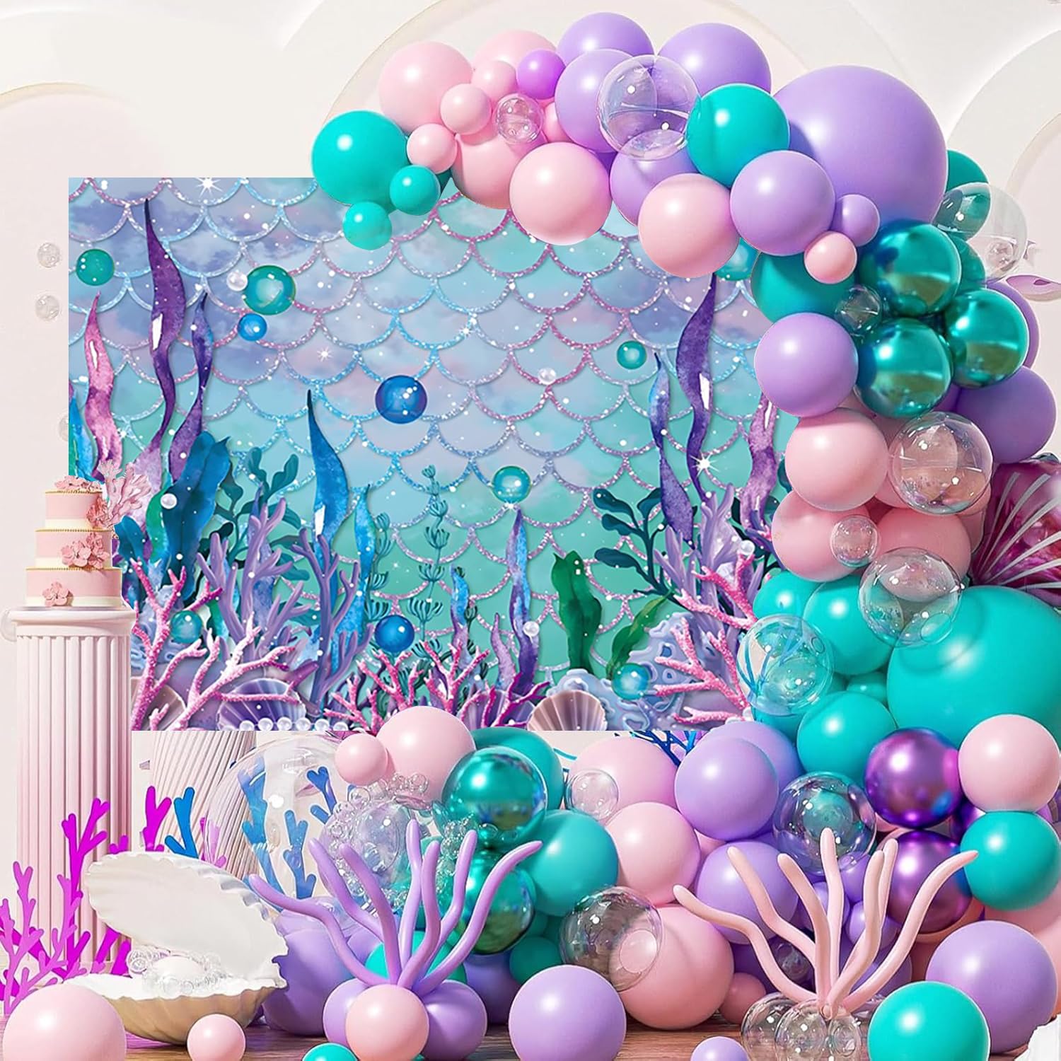 Sfondo Fotografico Per Compleanno Sirena 2,2x1,5 M, Vinile Senza Pieghe, Tema Subacqueo Viola E Turchese Per Feste E Studio - 3