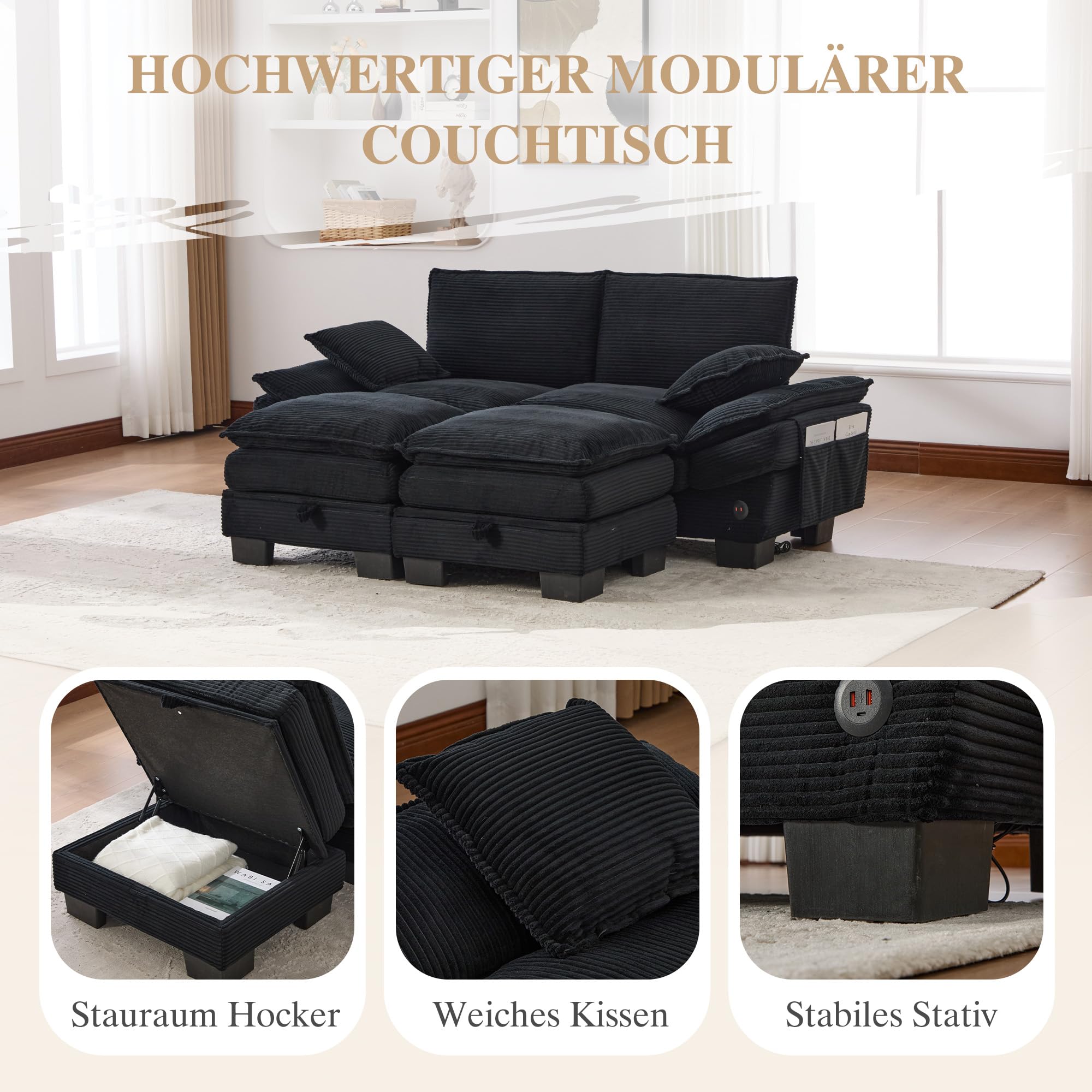Modułowa sofa 2-osobowa z 2 taboretami, ergonomiczna szerokość siedziska z przyłączem C, sofa do salonu z bocznymi kieszeniami, do salonu, kolor czarny