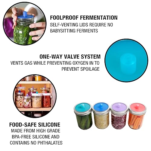 Miniatura 3 de GEMMA Correll Pickle tubode una sola pieza fermentación sin agua Airlock tapas de silicona para Mason Jar fermentaciónBoca ancha3Pack, Multicolor