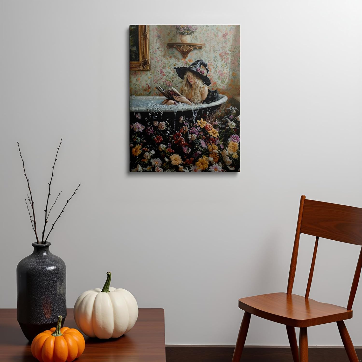 Gothic Witch and Black Cat Canvas Wall Art Vintage Dark Academia Witch in Bathtub Painting Picture Wall Decor Halloween Magical Witch Poster Print Artwork for Living Room Bathroom Home Decoration