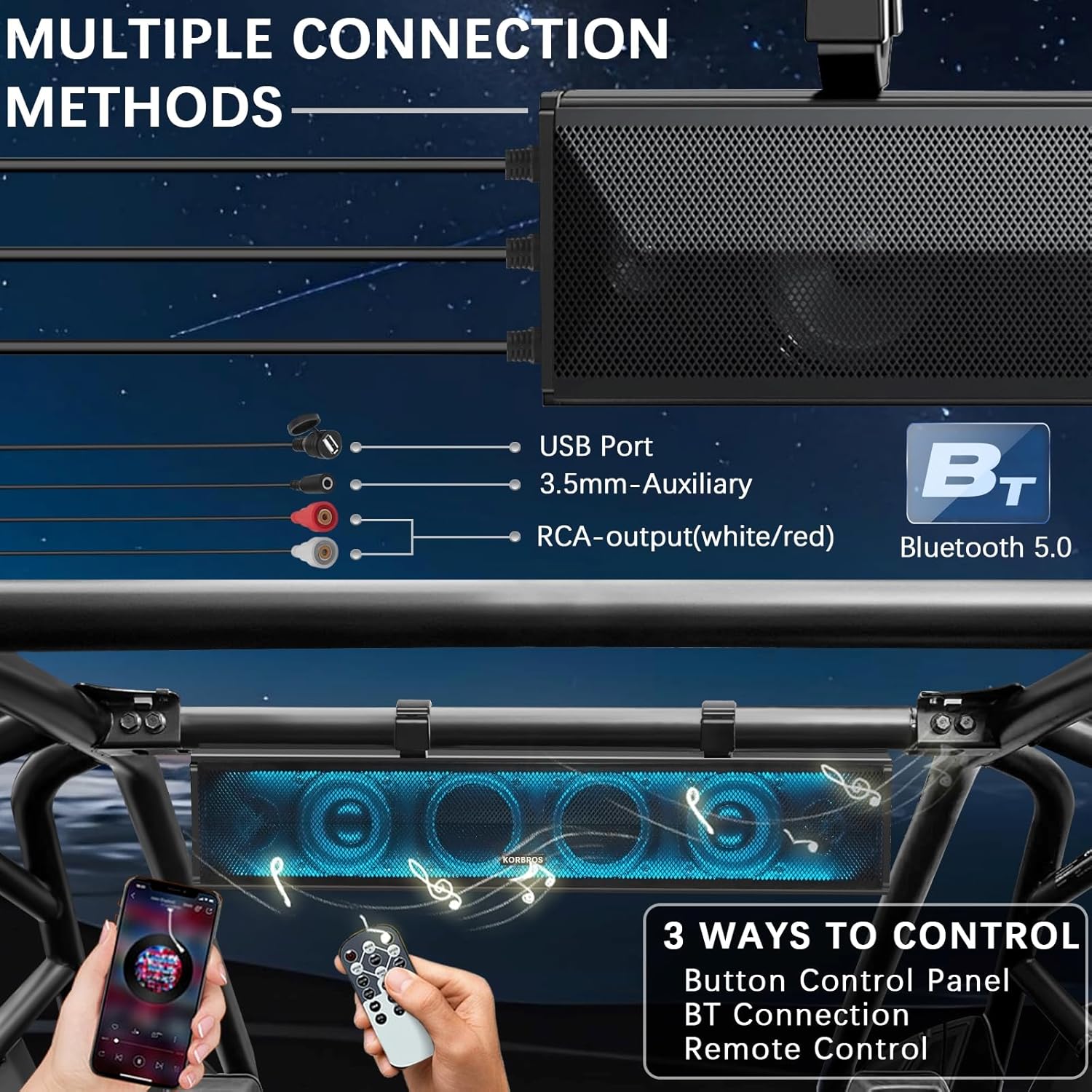 UTV Sound Bar - 26 Inch Wide, 4 Inch Speakers, 1 Inch Soft Dome Tweeters, Full Range with Multicolor Lighting, IPX5 Weatherproof, Bluetooth, Built-in Amplifier, Golf Cart Compatible