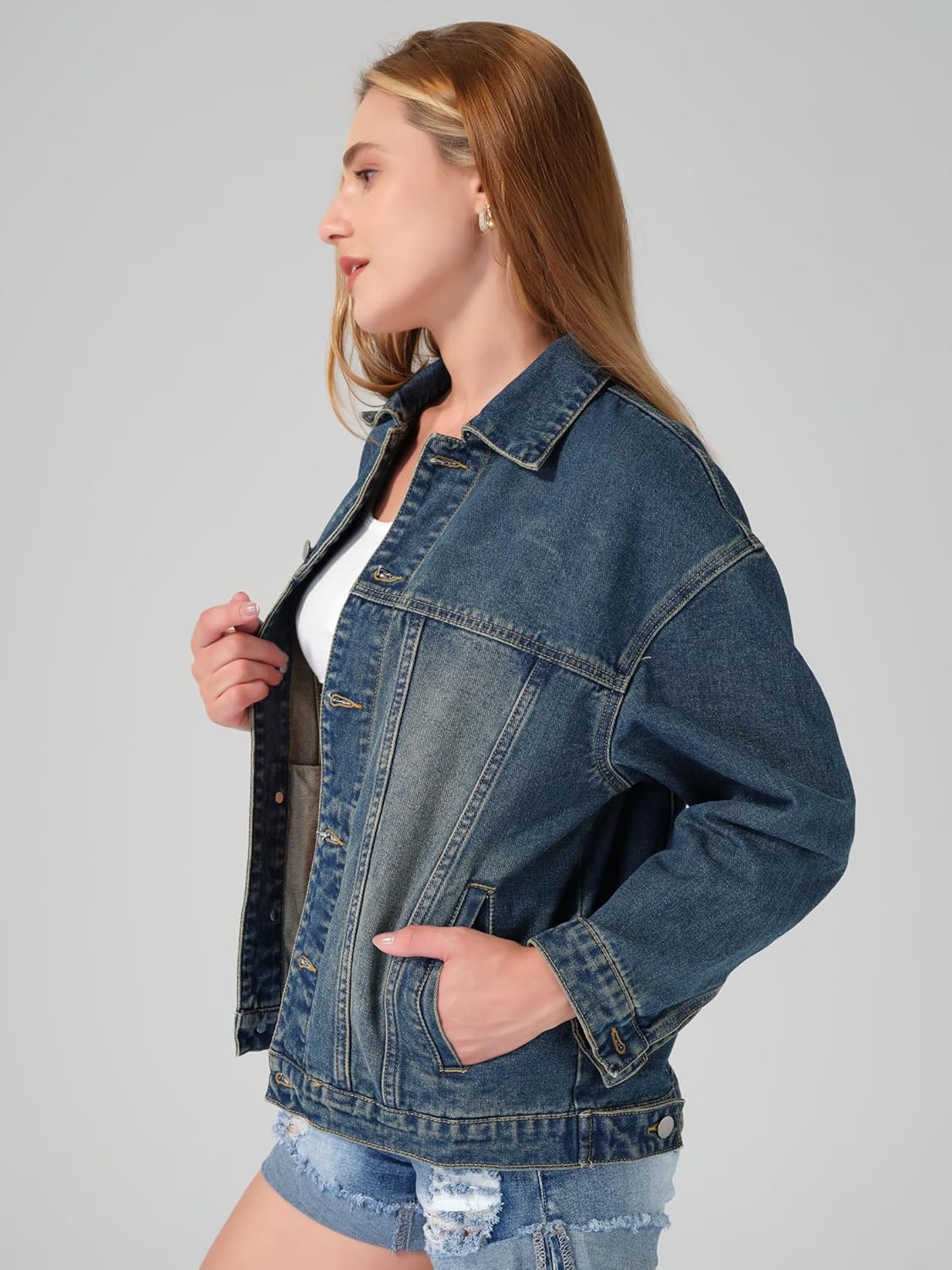 roswear Women’s Denim Jackets Oversized Button Long Sleeve Washed Jean Trucker Jacket with Pockets - Image 2