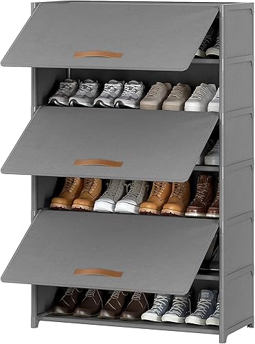 Miniatura 12 de Zapatero de 3 niveles con puerta, gabinete de almacenamiento de 12 pares de zapatos con estantes de plástico, organizador para armario, entrada,