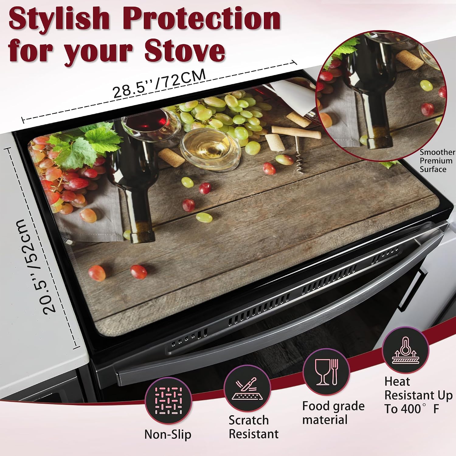 Electric Stove Top Cover Protector,Red Wine Grapes Glass Flat Top Stove Mat,Heat-Resistant Oven Induction Cooktop Mat for Ceramic Countertop Mats Dish Drying Mat
