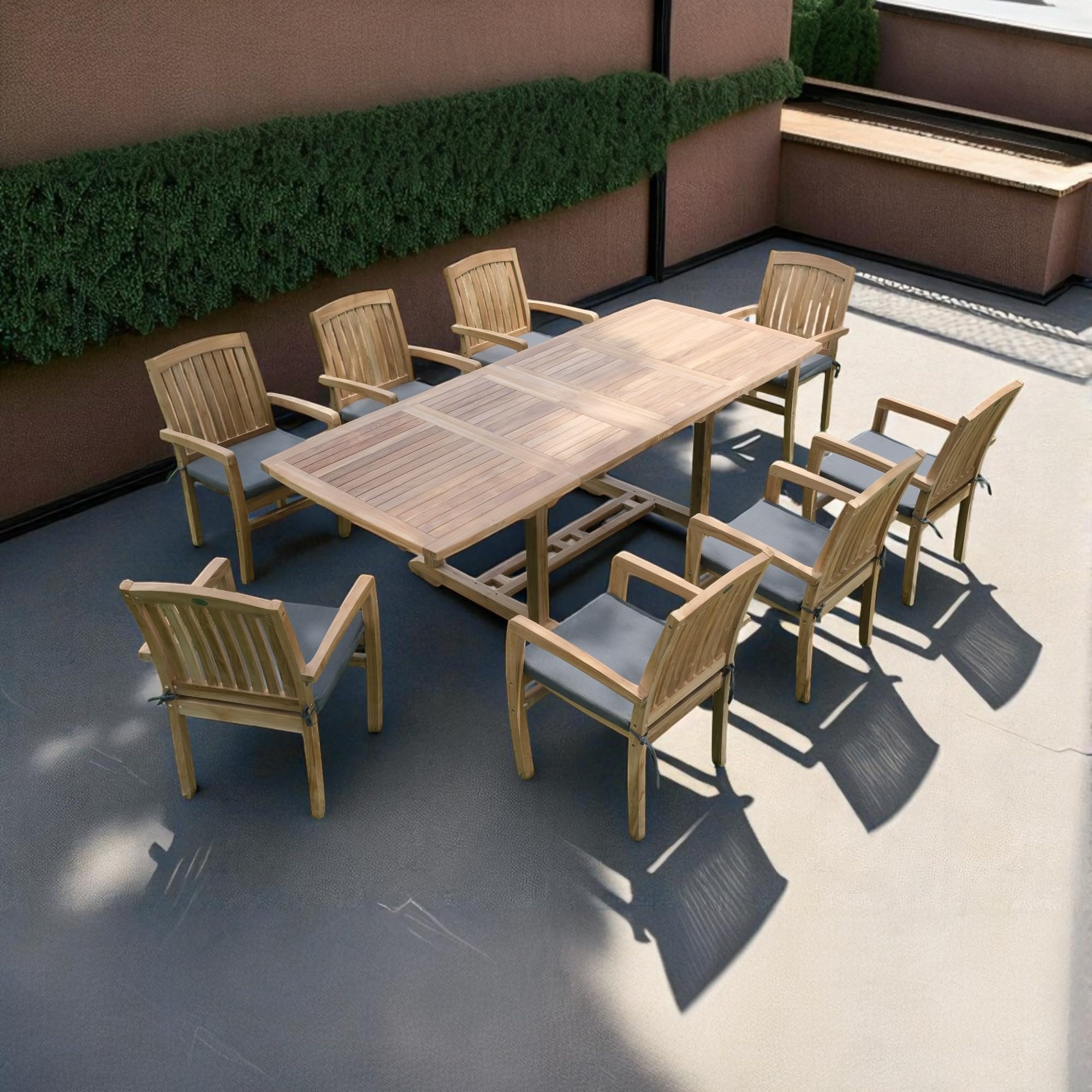 Bayview Patio Grade-A Teak Outdoor Dining Set-95"X40" 9 Pieces | Rectangle Double Extension Table & 8 Java Arm Chairs | Wooden Outdoor Seating for Garden Fine Sanded, Natural Finish