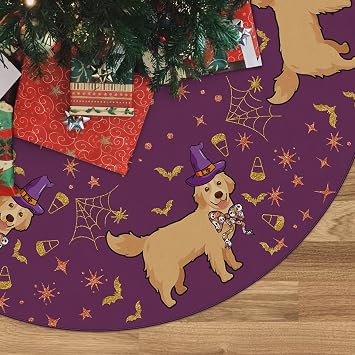 GAGEC Golden Retriever Halloween Christmas Tree Skirt Purple Golden Retriever Funny Tree Mat 36 Inch for Halloween Christmas Dog Indoor Outdoor Decorations