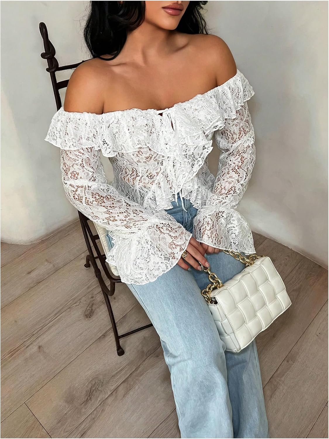 WDIRARA Women's Off The Shoulder Lace Top Ruffle Long Flounce Sleeve Tie Front Sheer Blouse - Image 4