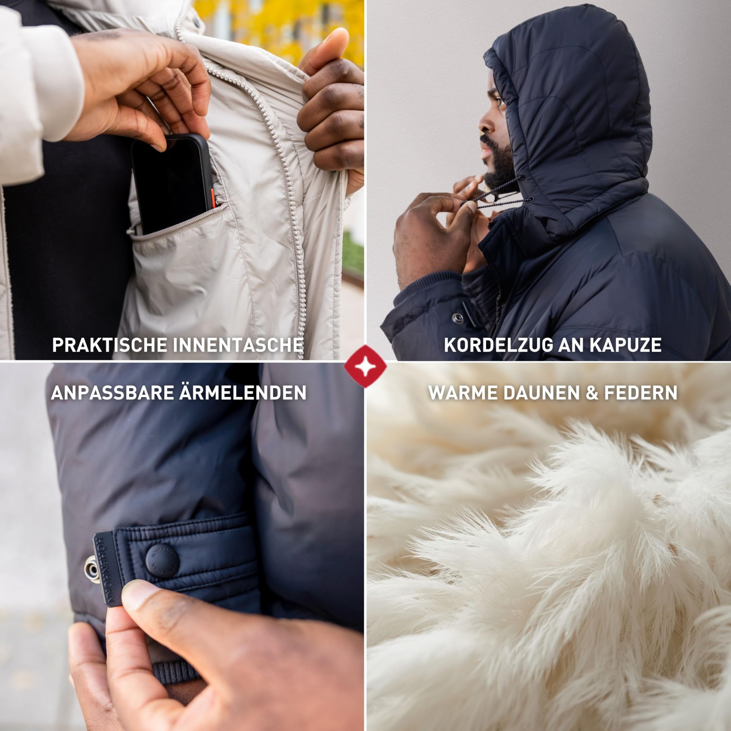 Höhenhorn Bannalp - Abrigo de invierno para hombre, con forro largo, con certificado RDS, plumón y plumas con capucha extraíble