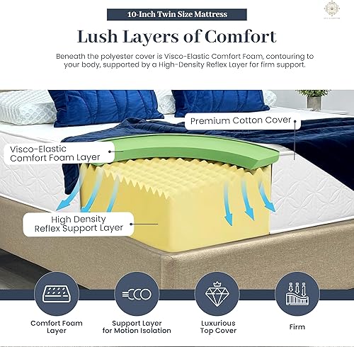 Miniatura 4 de Colchón de espuma individual de 10 pulgadas, capa de soporte reflejo de alta densidad y espuma viscoelástica elástica con funda de poliéster de