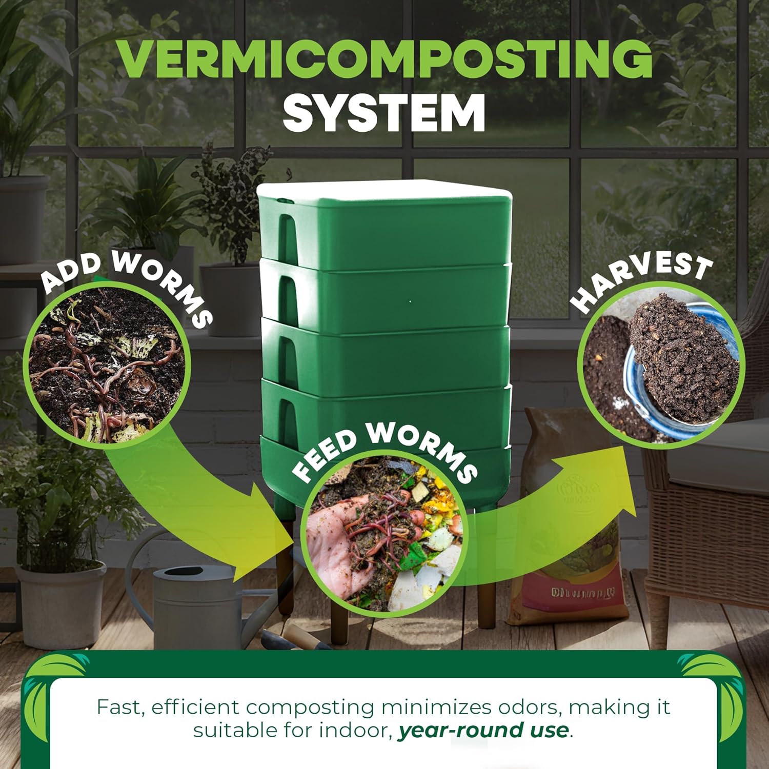 FCMP Outdoor - The Essential Living Composter, 4-Tray Worm Vermicomposter Bin, Green