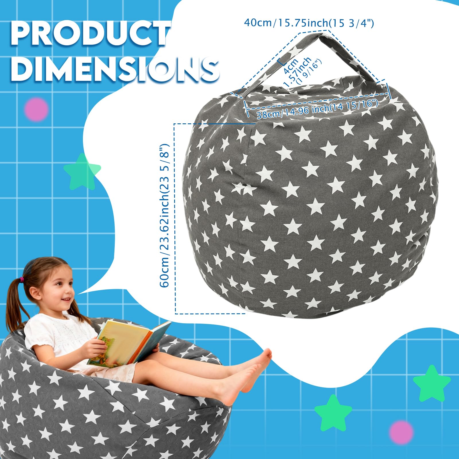 Borsa per giocattoli per animali domestici, per bambini, con chiusura lampo, per riporre giocattoli, per vestiti, giocattoli (pouf a stelle)