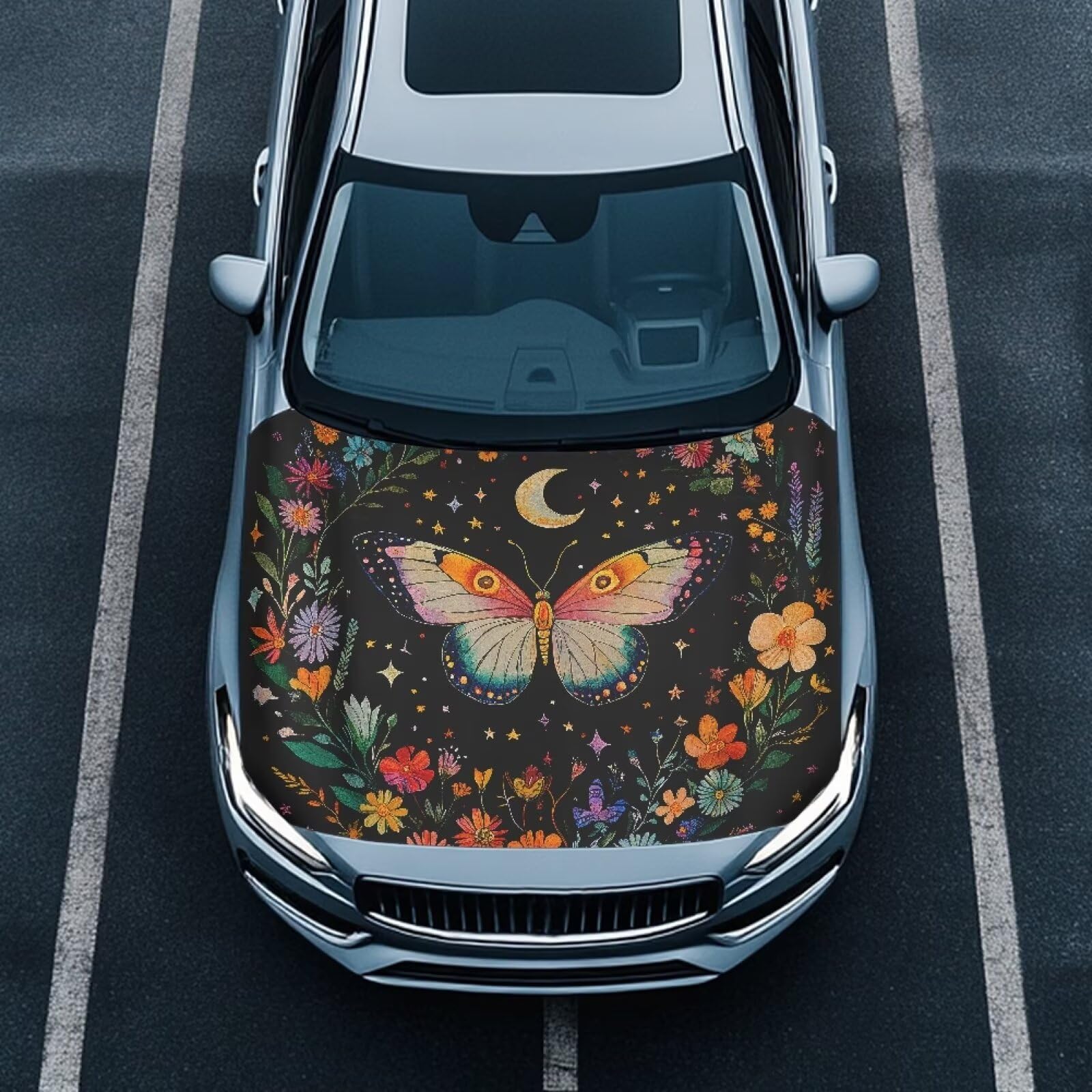 Renewold Car Hood Cover Protector Floral Butterfly Moon Pattern Hood Covers for Cars Hood Wrap Blanket Women Men Automotive Exterior Accessories for Most Sedan Small SUV Truck